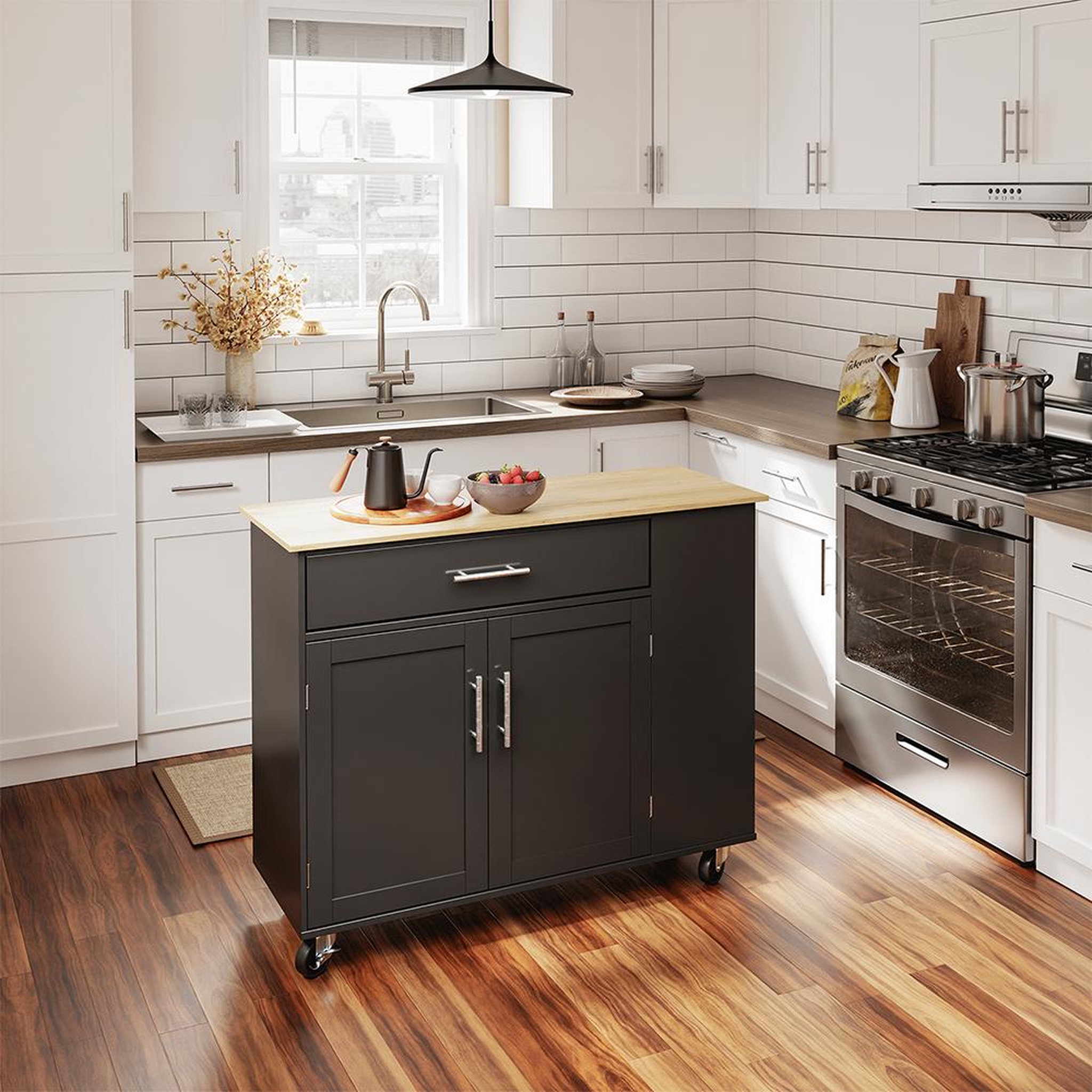 Voir la diapositive 2 : SOBUY Îlot de cuisine mobile avec tiroir et rangement, noir, 99x40x84.3 cm, fkw133-sch