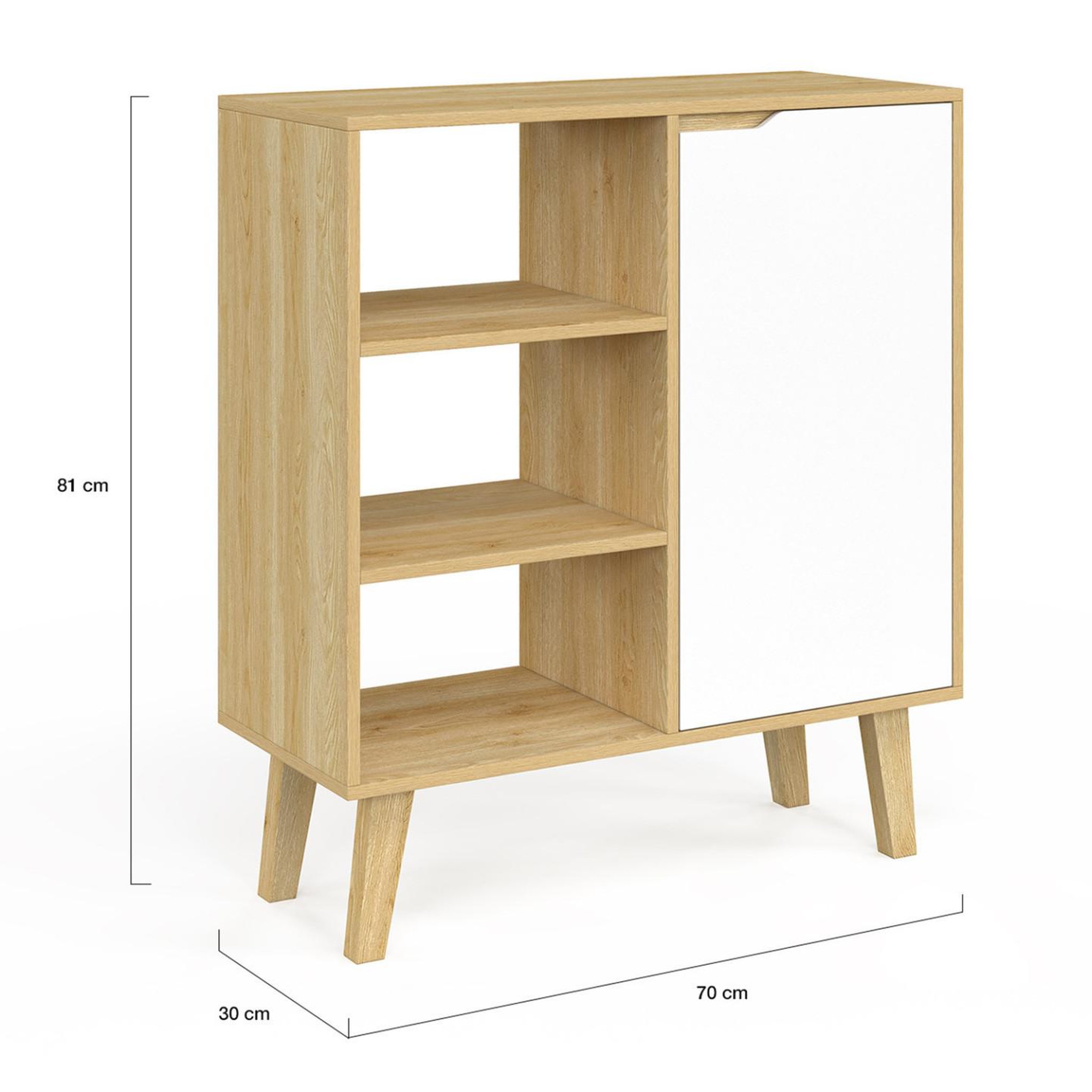 Voir la diapositive 5 : ID MARKET Buffet d'appoint 3 étagères et placard 70 cm finn blanc et bois façon hêtre
