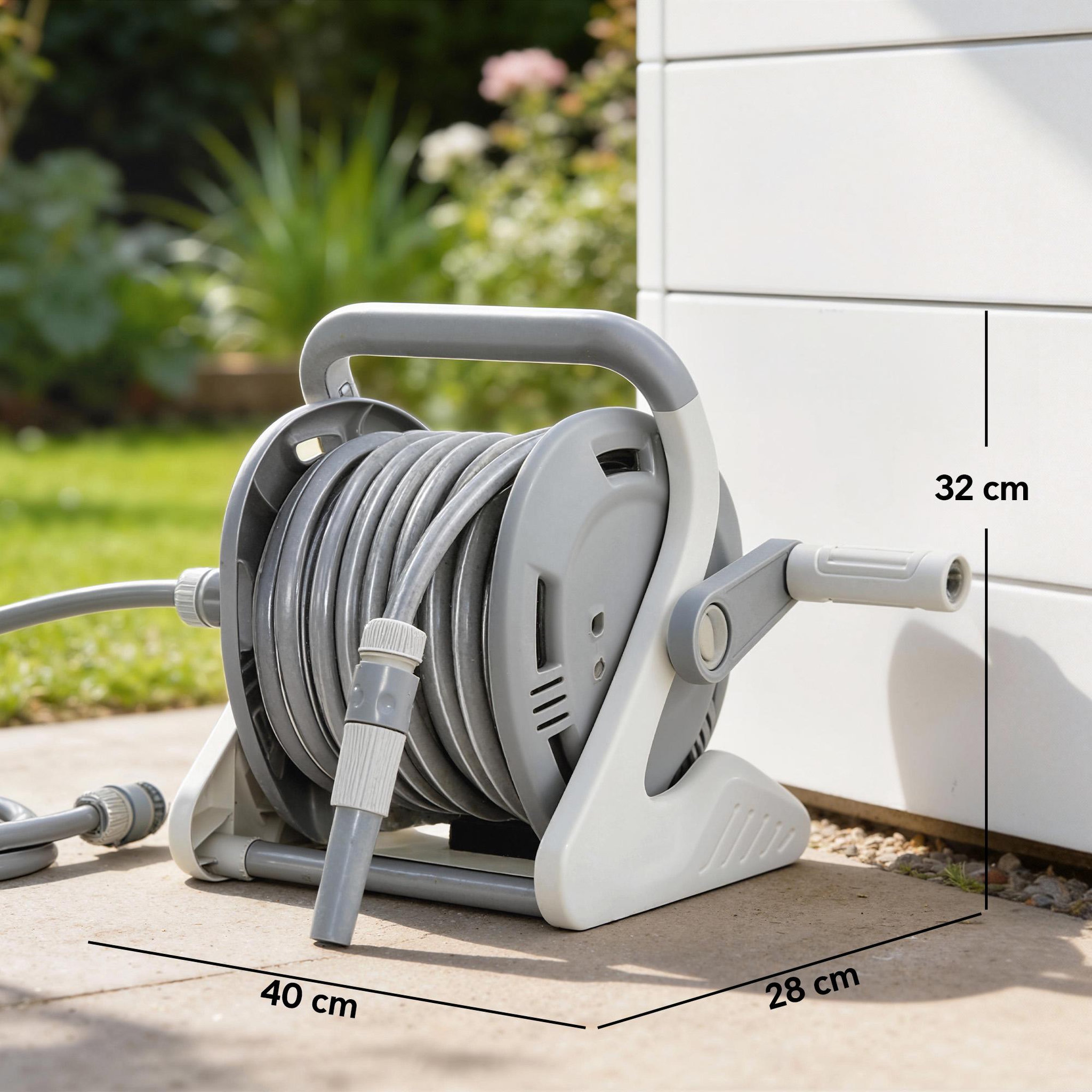 Voir la diapositive 3 : OUTSUNNY Dévidoir mural portable 2 en 1 enrouleur auto tuyau 20+2m lance arrosage 2 modes