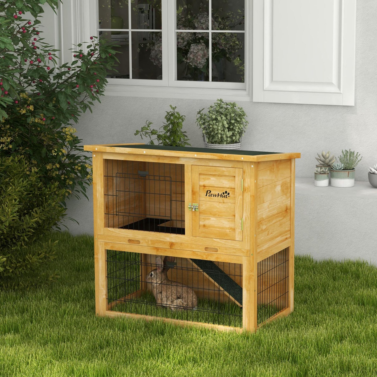 PAWHUT Clapier à lapin cage à lapin 2 étages 3 portes verrouillables bois pré-huilé