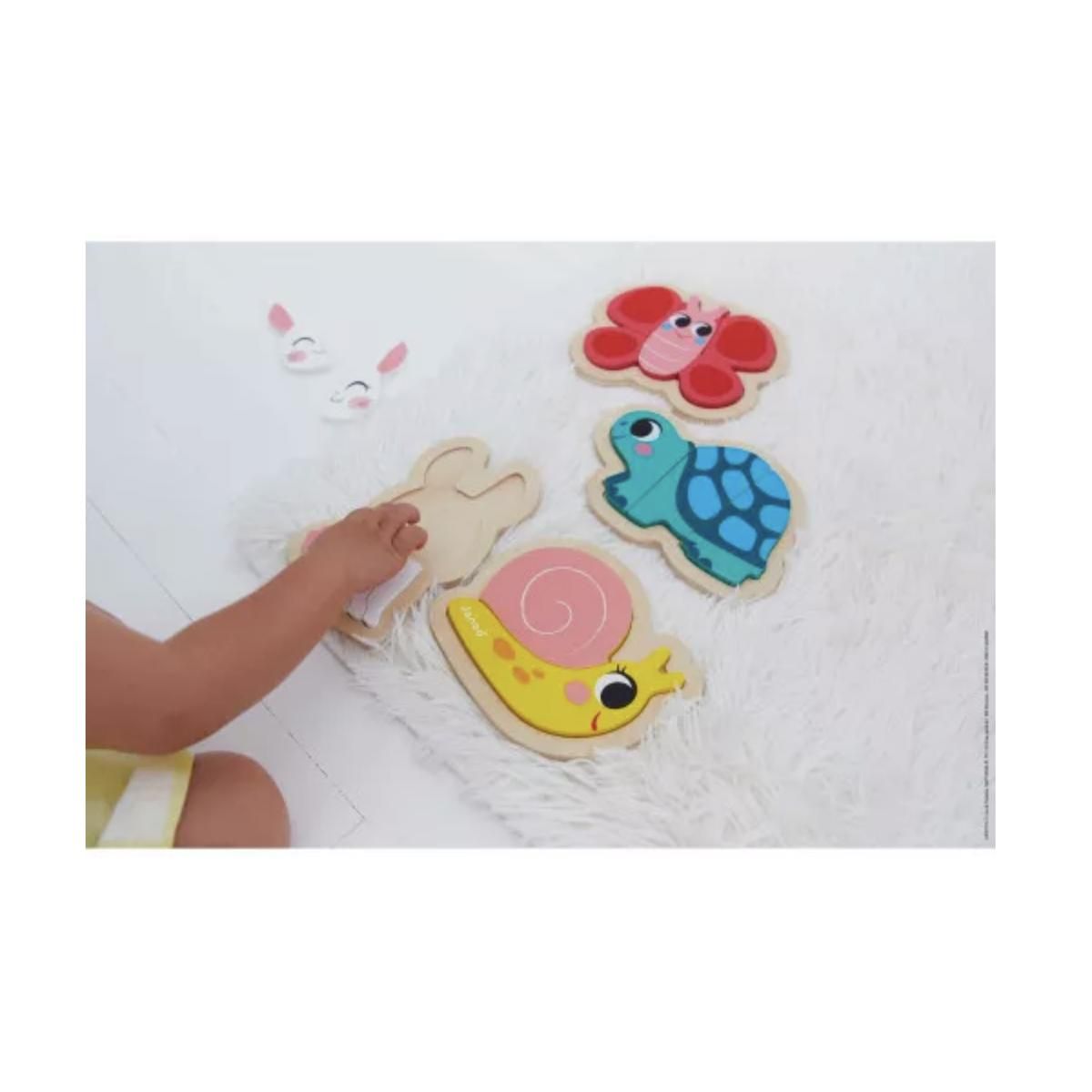 Juratoys-Janod Puzzle évolutif en bois avec 4 animaux du jardin pour enfants dès 18 mois