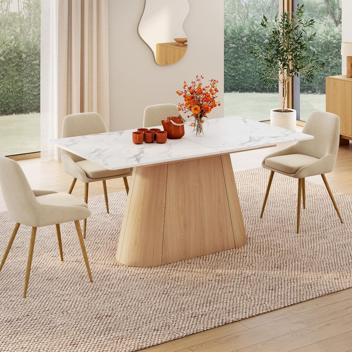 ID MARKET Table à manger extensible rectangle RHONDA 6-10 personnes plateau marbre blanc ALASKA et bois façon hêtre 160-200 cm