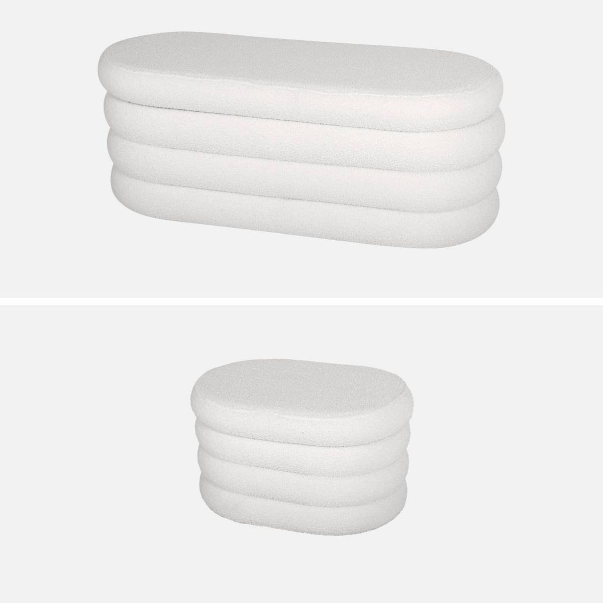 SWEEEK Banc coffre en bouclettes blanches avec 2 poufs ovales de rangement intégrés - L111cm