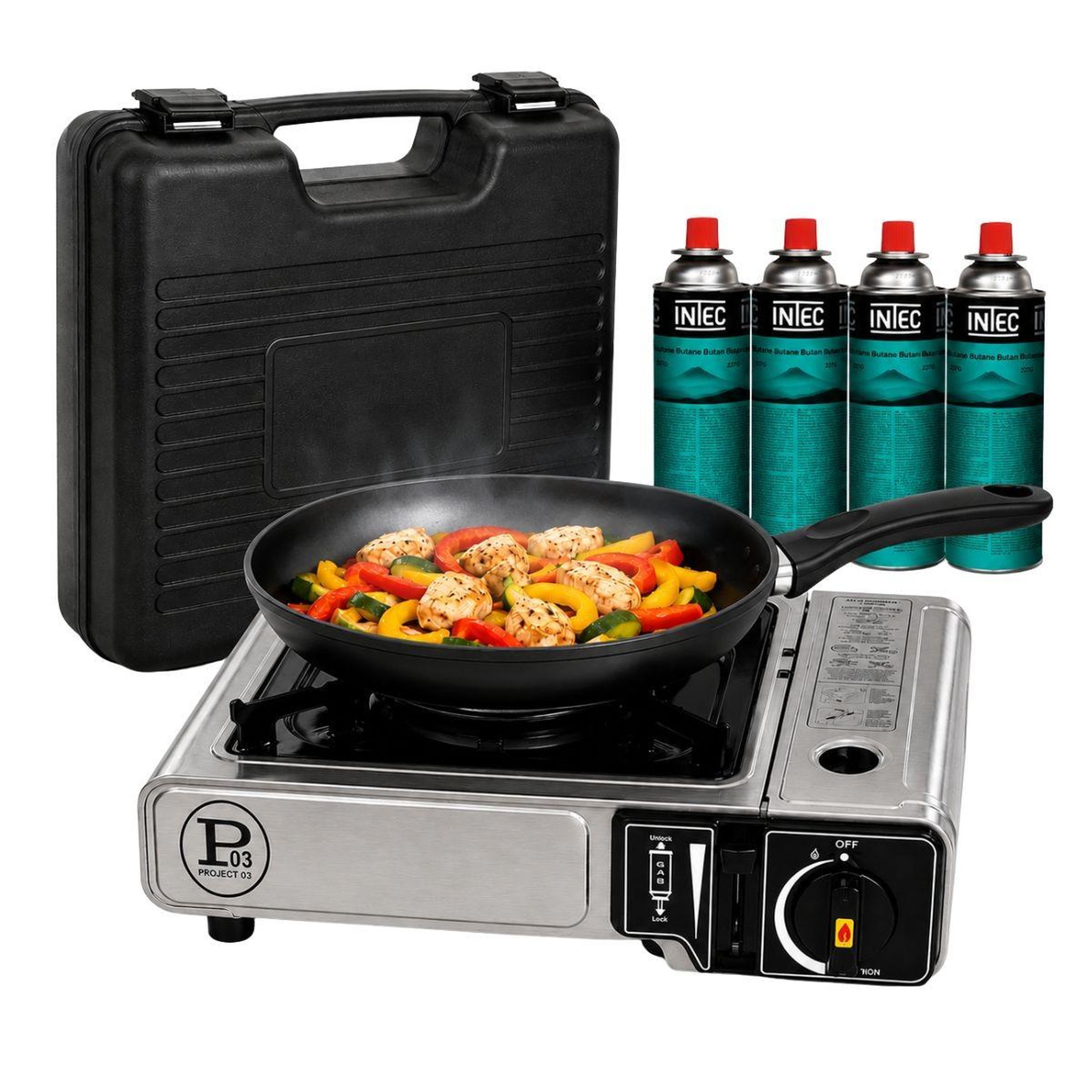 INTEC Réchaud à gaz portable 1feu 2200w + 4 cartouches gaz butane idéal réchaud camping, van cuisine extérieure intec