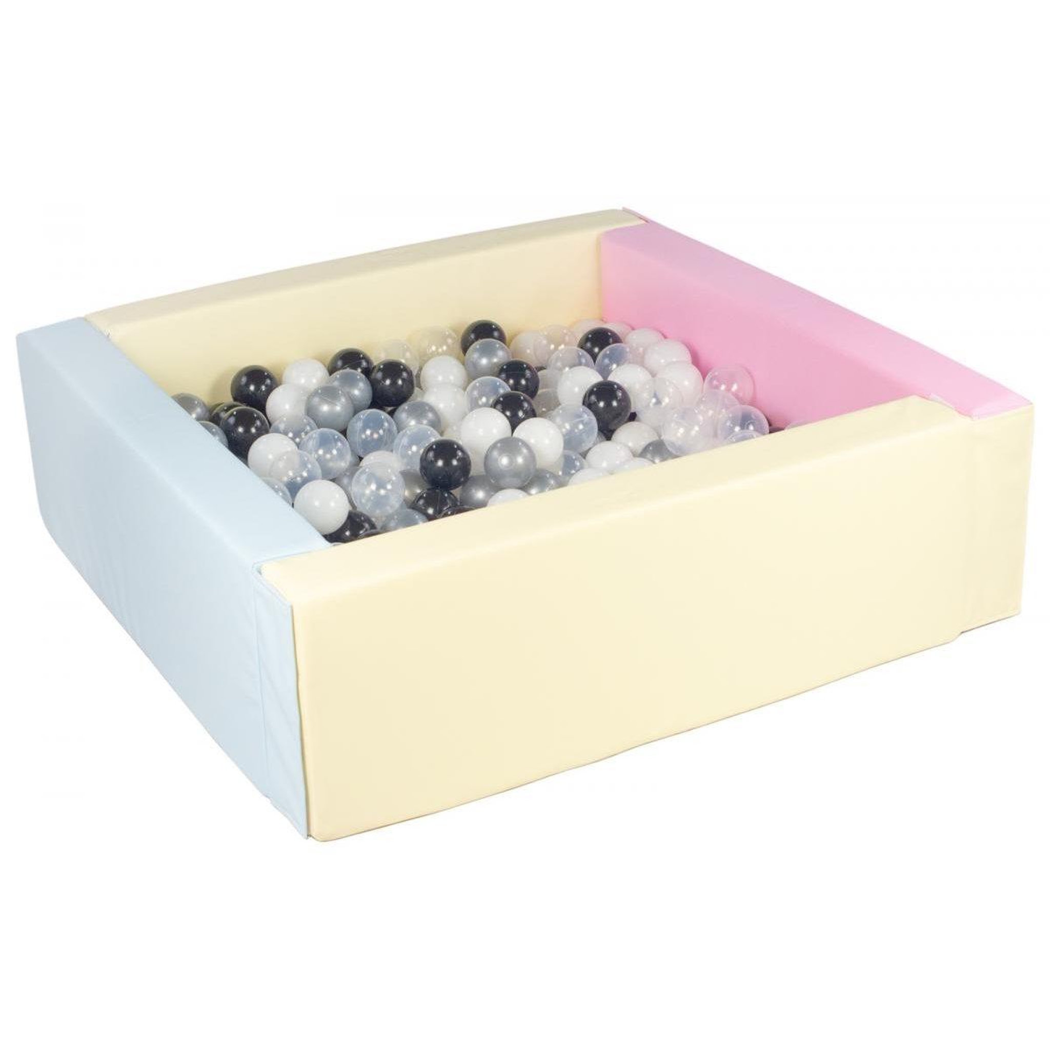 VELINDA Piscine à balles carrée avec 300 balles - rose, bleu, jaune p/noir, blanc, transparent, argent