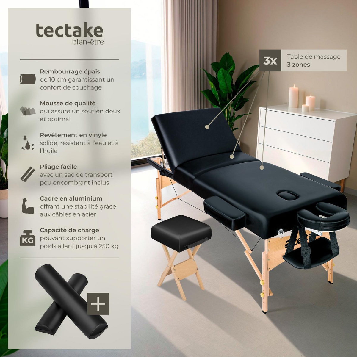 tectake Set de tables de massage portable pliante à 3 zones largeur 70 cm et rembourrage de 10 cm noir