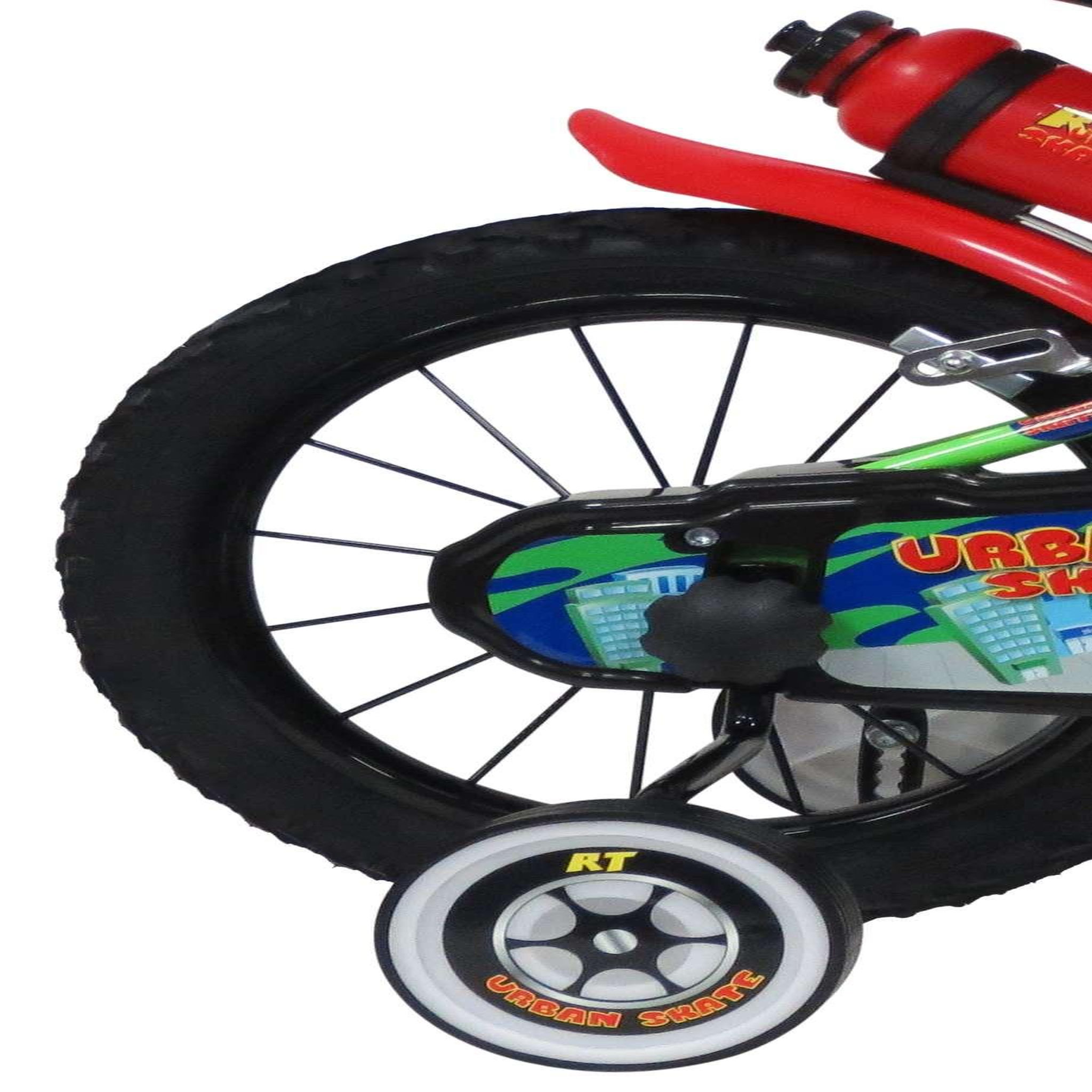 Voir la diapositive 2 : Vélo enfant 14'' - Modèle Urban Skate pour enfant de 95 à 110 cm avec stabilisateurs - Plaque décorative avant - Porte bidon & Bidon - 2 freins & Roues gonflables
