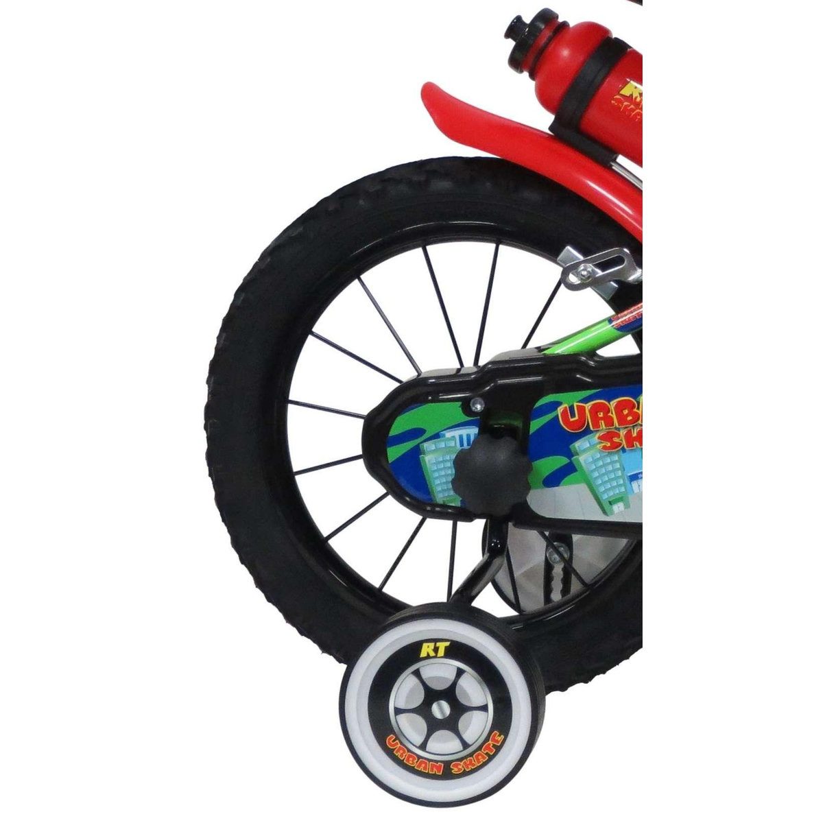 Vélo enfant 14'' - Modèle Urban Skate pour enfant de 95 à 110 cm avec stabilisateurs - Plaque décorative avant - Porte bidon & Bidon - 2 freins & Roues gonflables