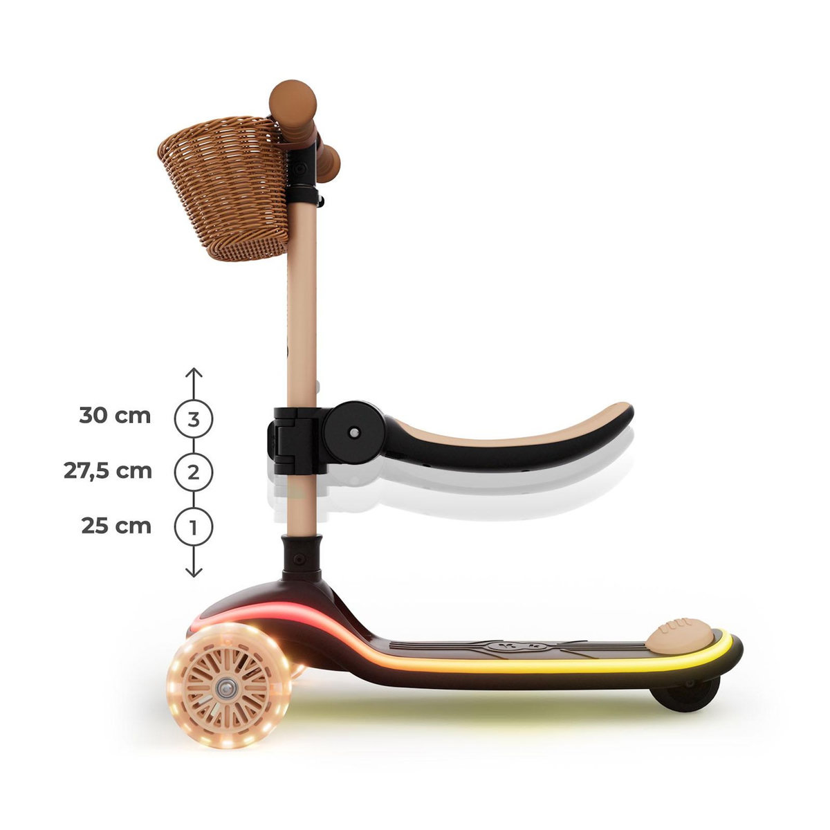 KINDERKRAFT Trottinette Kinderkraft RAKET UP 2-en-1 avec siège réglable, roues RGB LED, plateau lumineux, pliable dès bébé, Beige