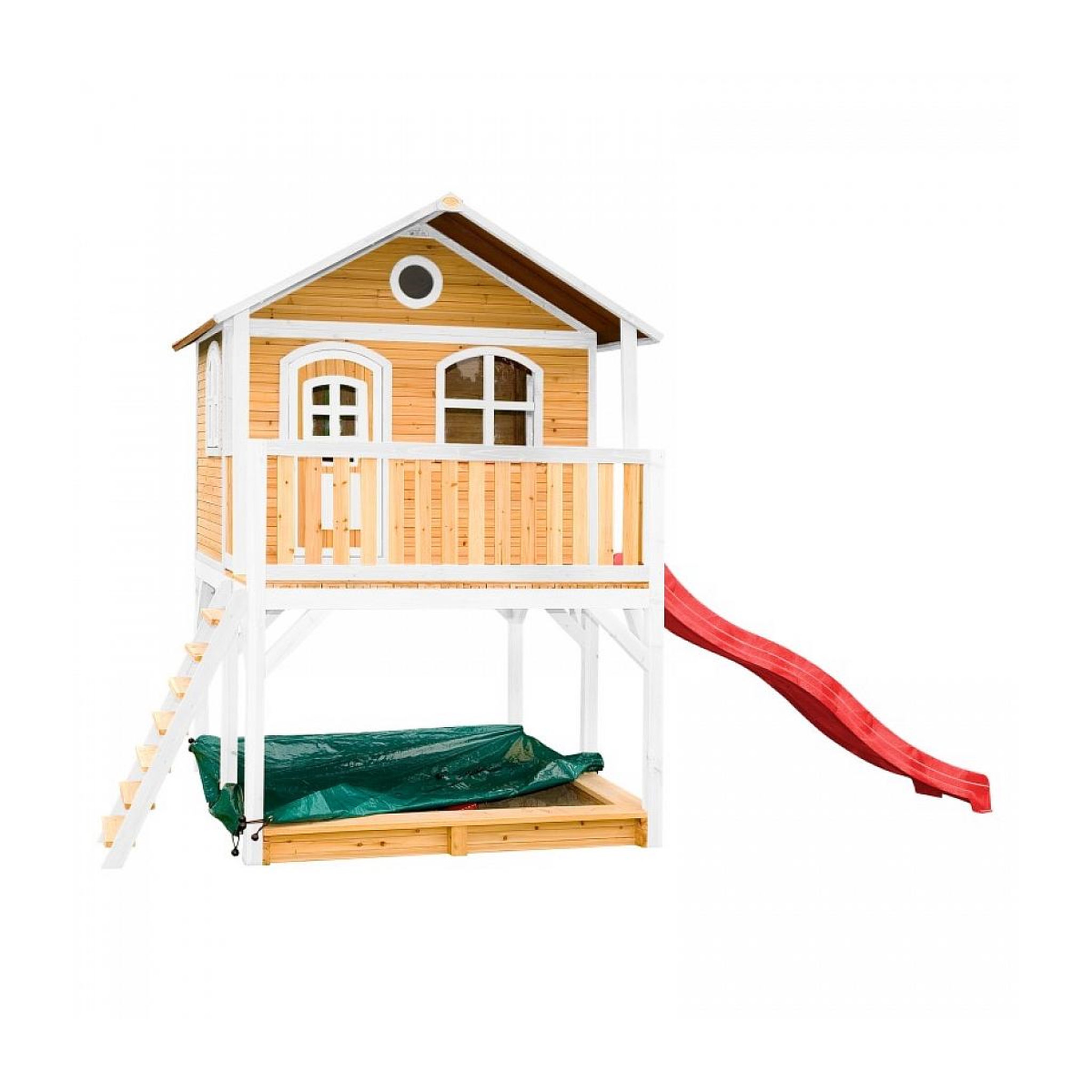 Axi House AXI Maisonnette MARC Brun Blanc avec toboggan Rouge et bac à sable