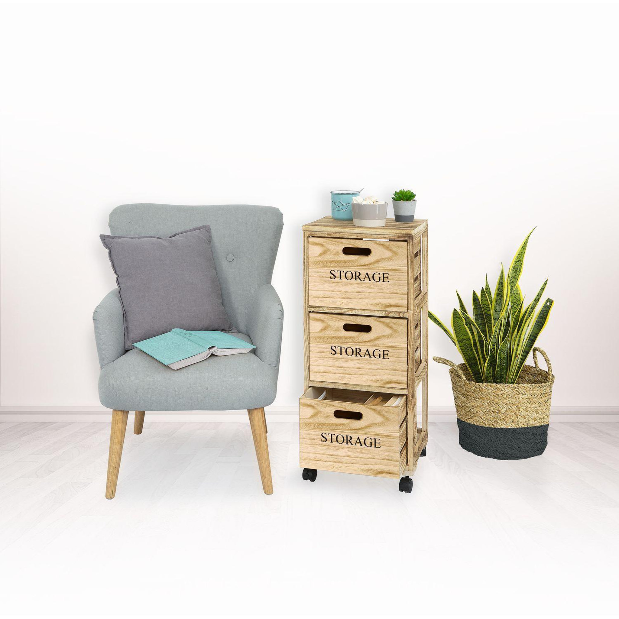 Voir la diapositive 2 : FIVE Tour de rangement 3 tiroirs à roulettes en bois HERSTIA - Beige