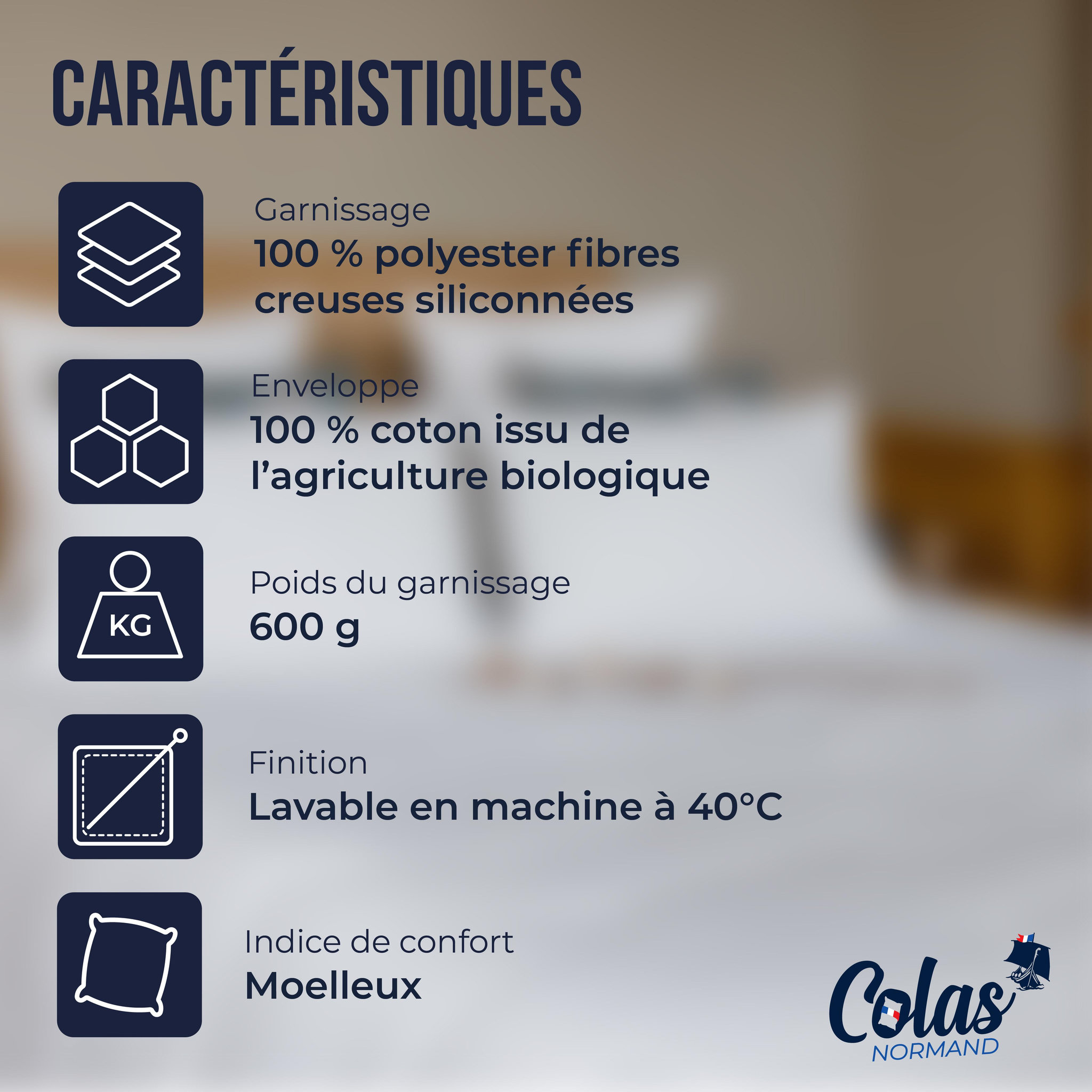 Voir la diapositive 3 : COLAS NORMAND Oreiller Colas Normand coton bio certifié GOTS 50X70