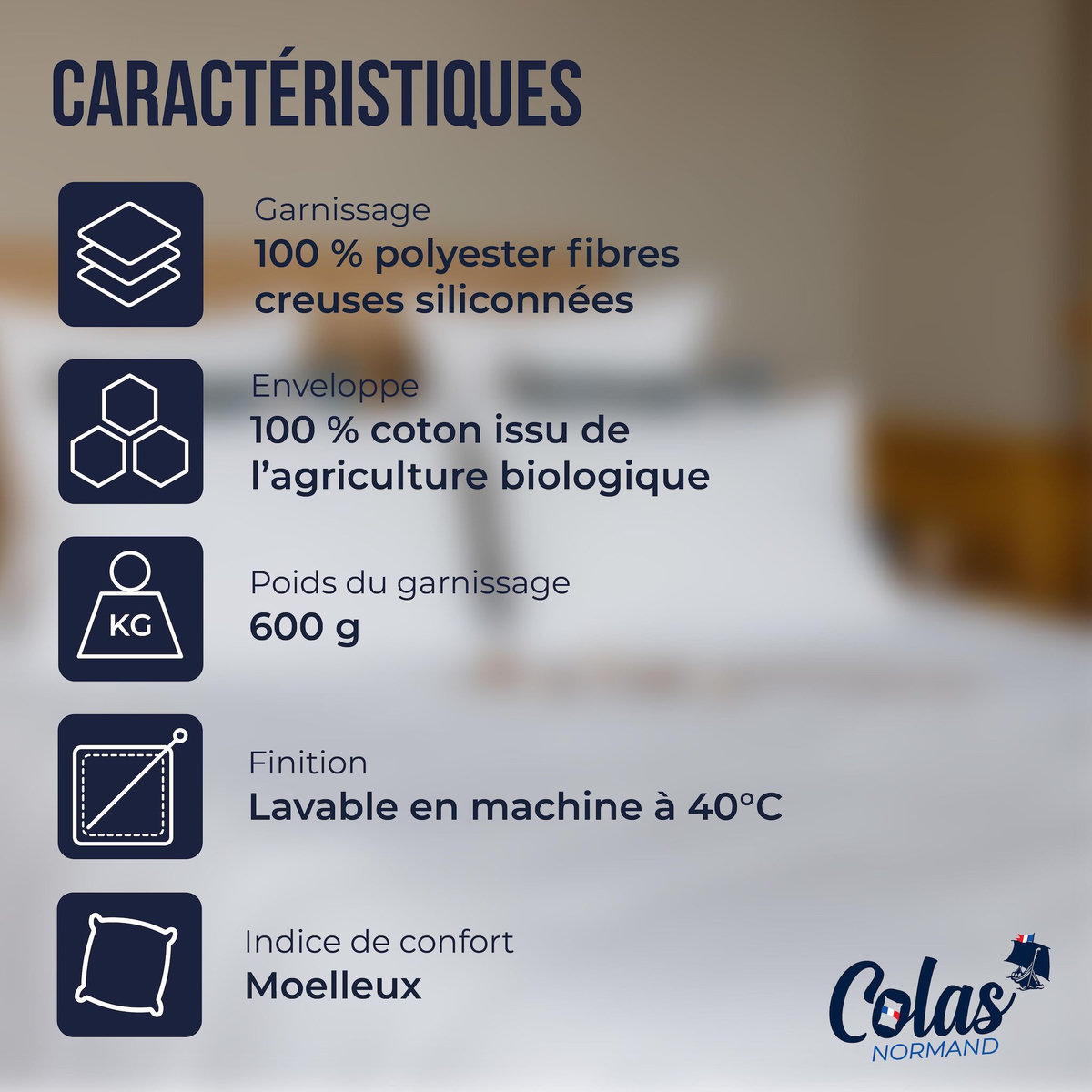 COLAS NORMAND Oreiller Colas Normand coton bio certifié GOTS 50X70