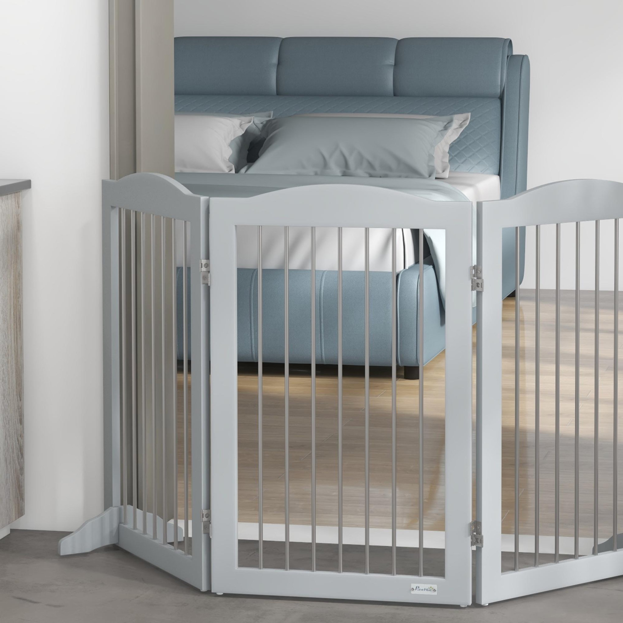 Voir la diapositive 2 : PAWHUT Barrière de sécurité chien pliable 3 plaques 2 pieds de soutien h.80 cm gris