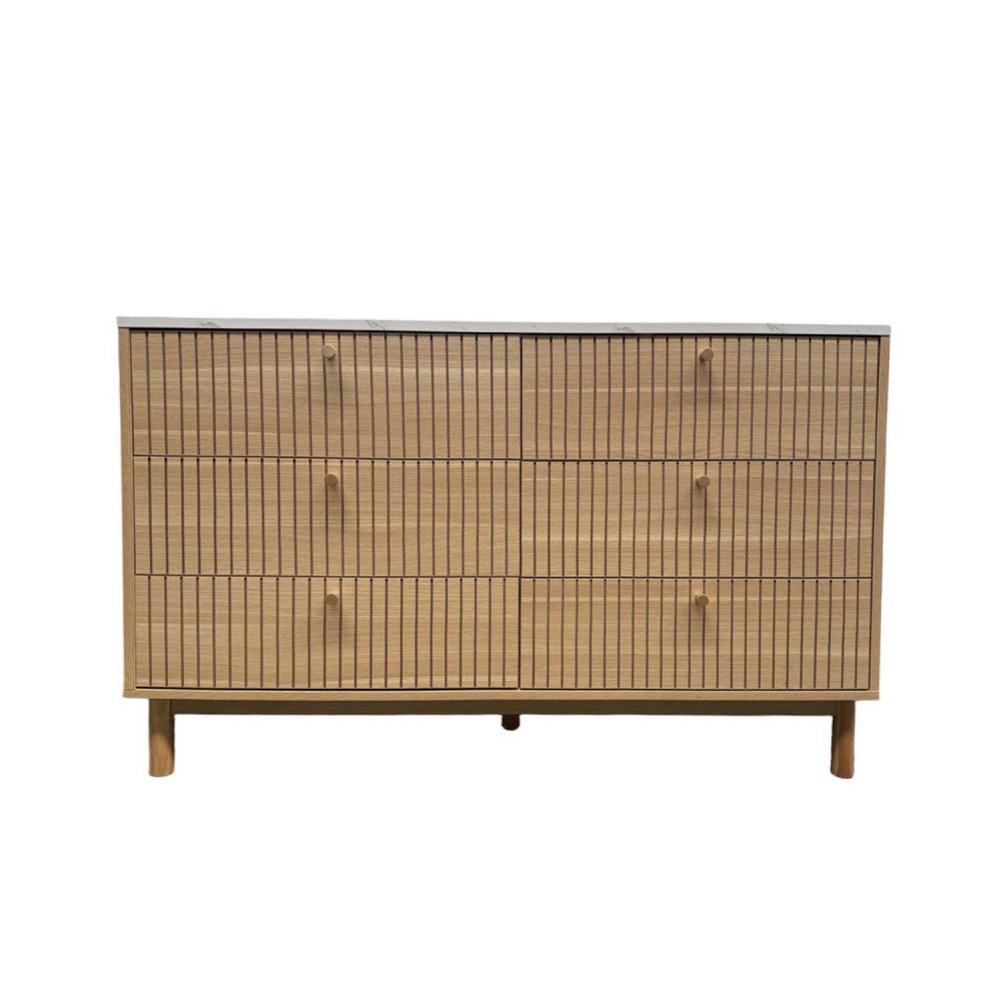 CONCEPT USINE Buffet 6 tiroirs aspect bois rainuré et marbre 120cm brox