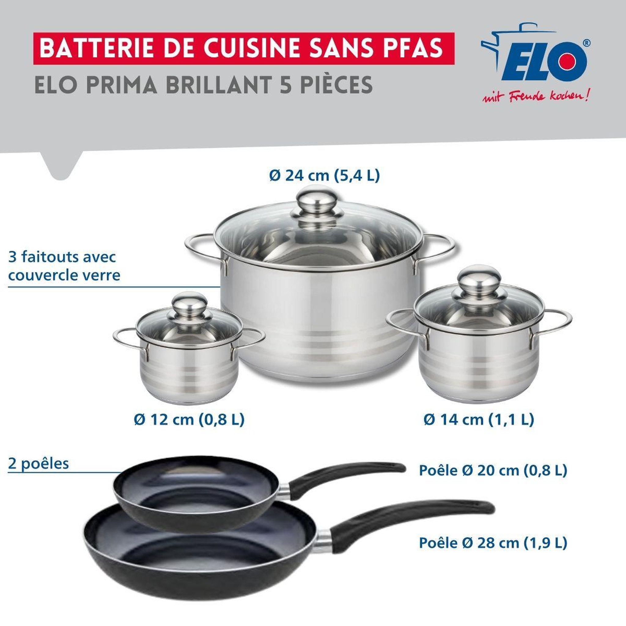 Voir la diapositive 2 : ELO Ensemble de 2 poêles de cuisson 20 et 28 cm et 3 faitouts 12, 14 et 24 cm elo prima brillant