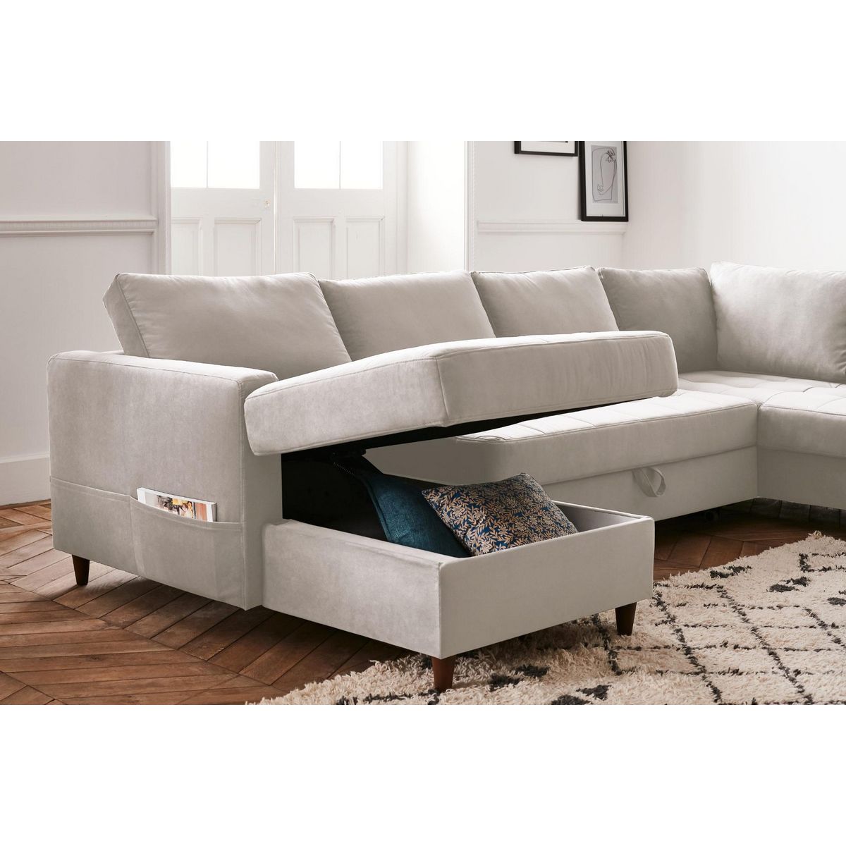 LISA DESIGN Anna - canapé panoramique d'angle droit - 7 places - convertible avec coffre - en velours