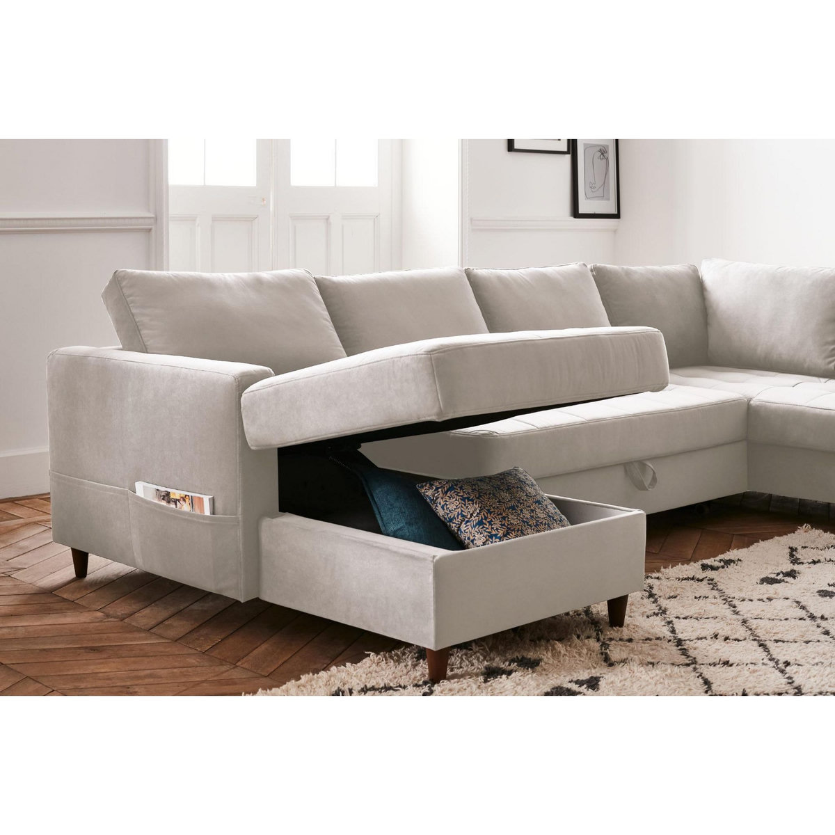 LISA DESIGN Anna - canapé panoramique d'angle droit - 7 places - convertible avec coffre - en velours