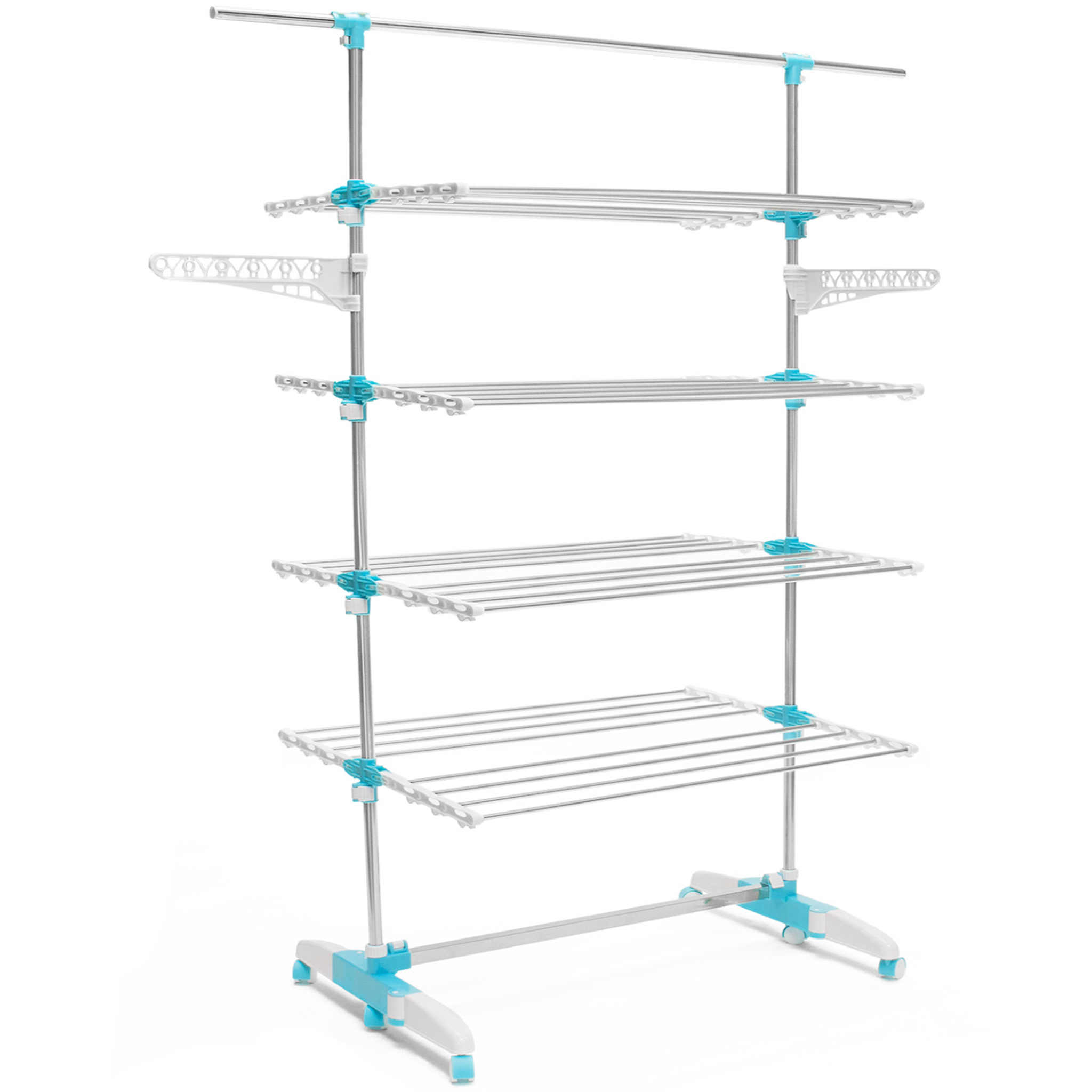 Voir la diapositive 4 : ID MARKET Séchoir à linge vertical pliable 4 niveaux optimum capacité 30m avec tringle télescopique blanc et bleu