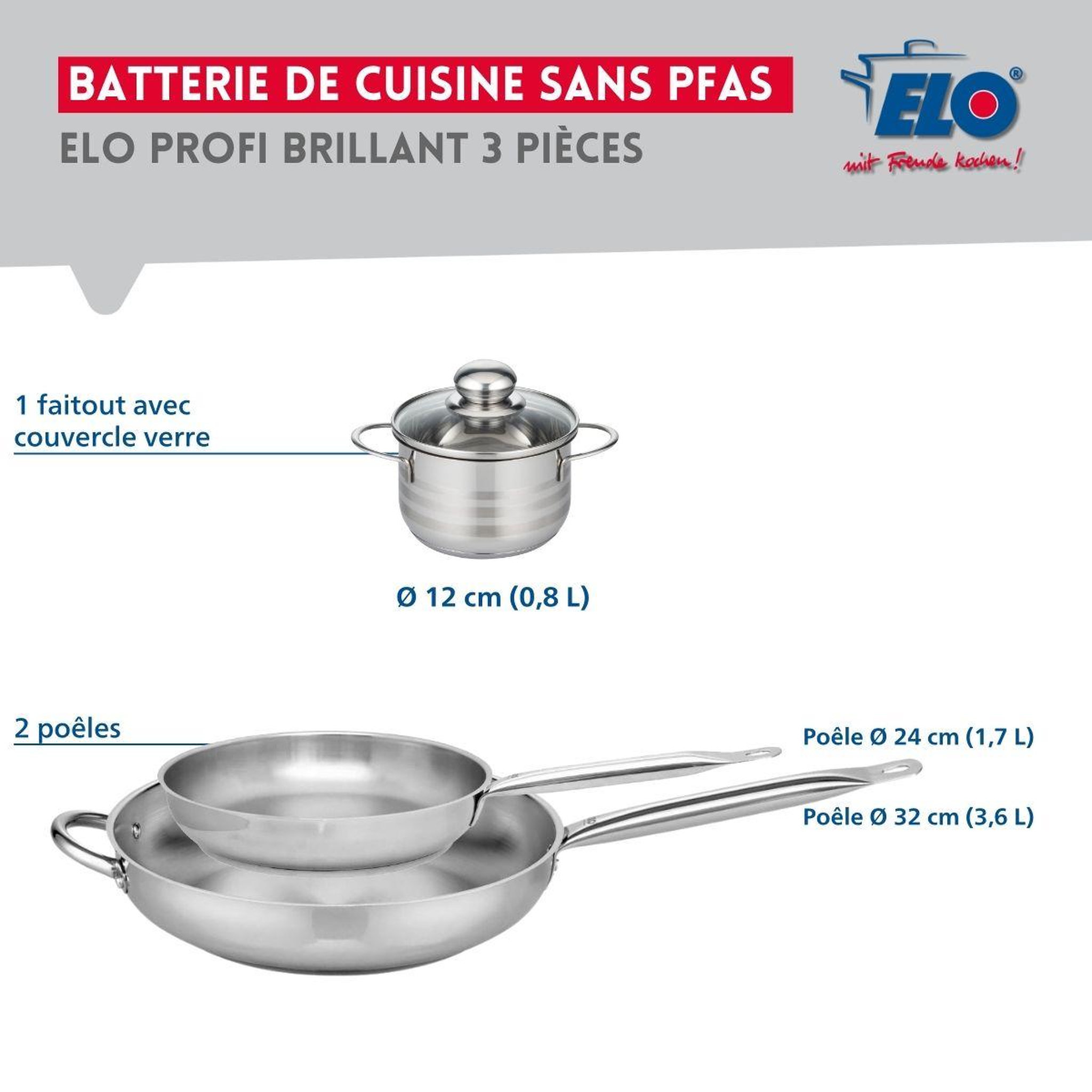 Voir la diapositive 2 : ELO Ensemble de 2 poêles de cuisson 24 et 32 cm et 1 faitout 12 cm elo profi brillant
