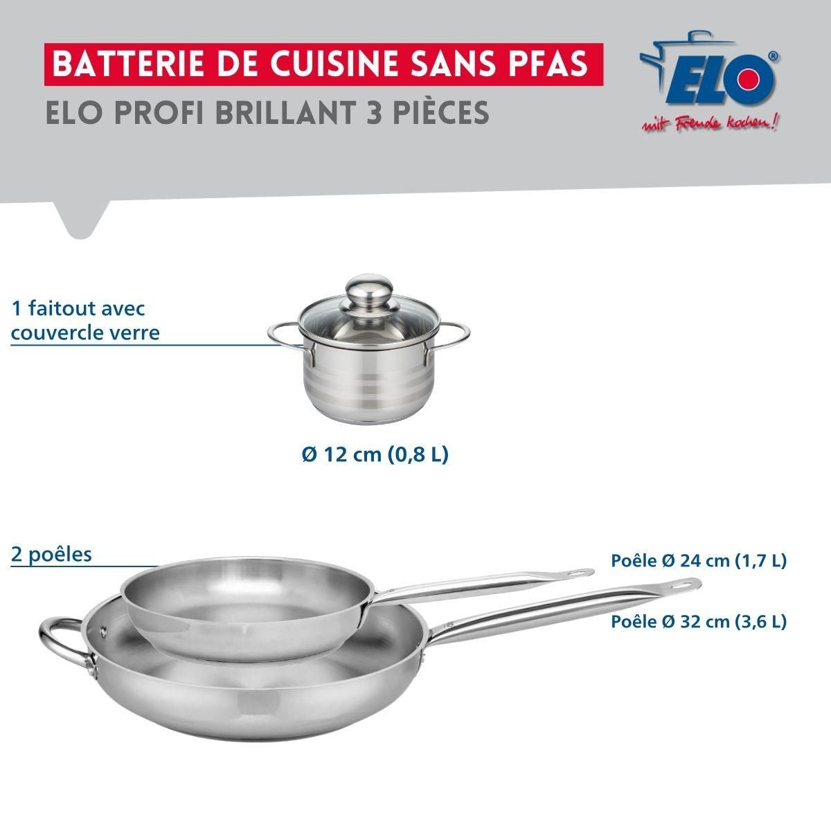 ELO Ensemble de 2 Poêles de cuisson 24 et 32 cm et 1 faitout 12 cm Elo Profi Brillant