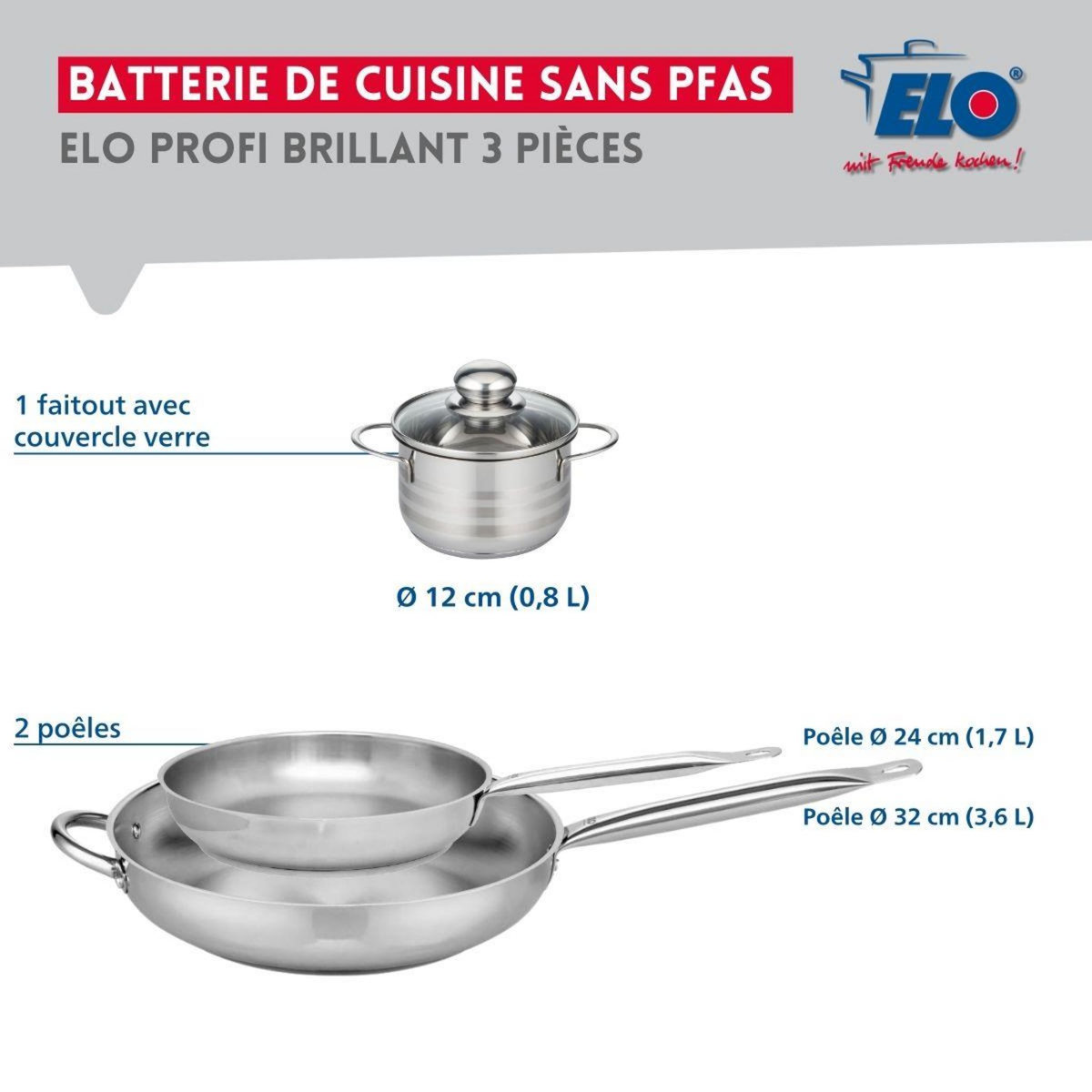 ELO Ensemble de 2 Poêles de cuisson 24 et 32 cm et 1 faitout 12 cm Elo Profi Brillant