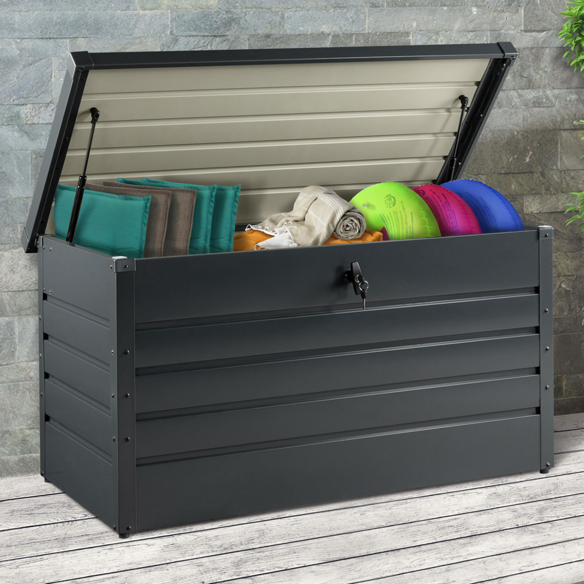 Voir la diapositive 4 : ID MARKET Coffre de rangement métal verrouillable gris anthracite pour jardin 350l 120x62,5x63 cm