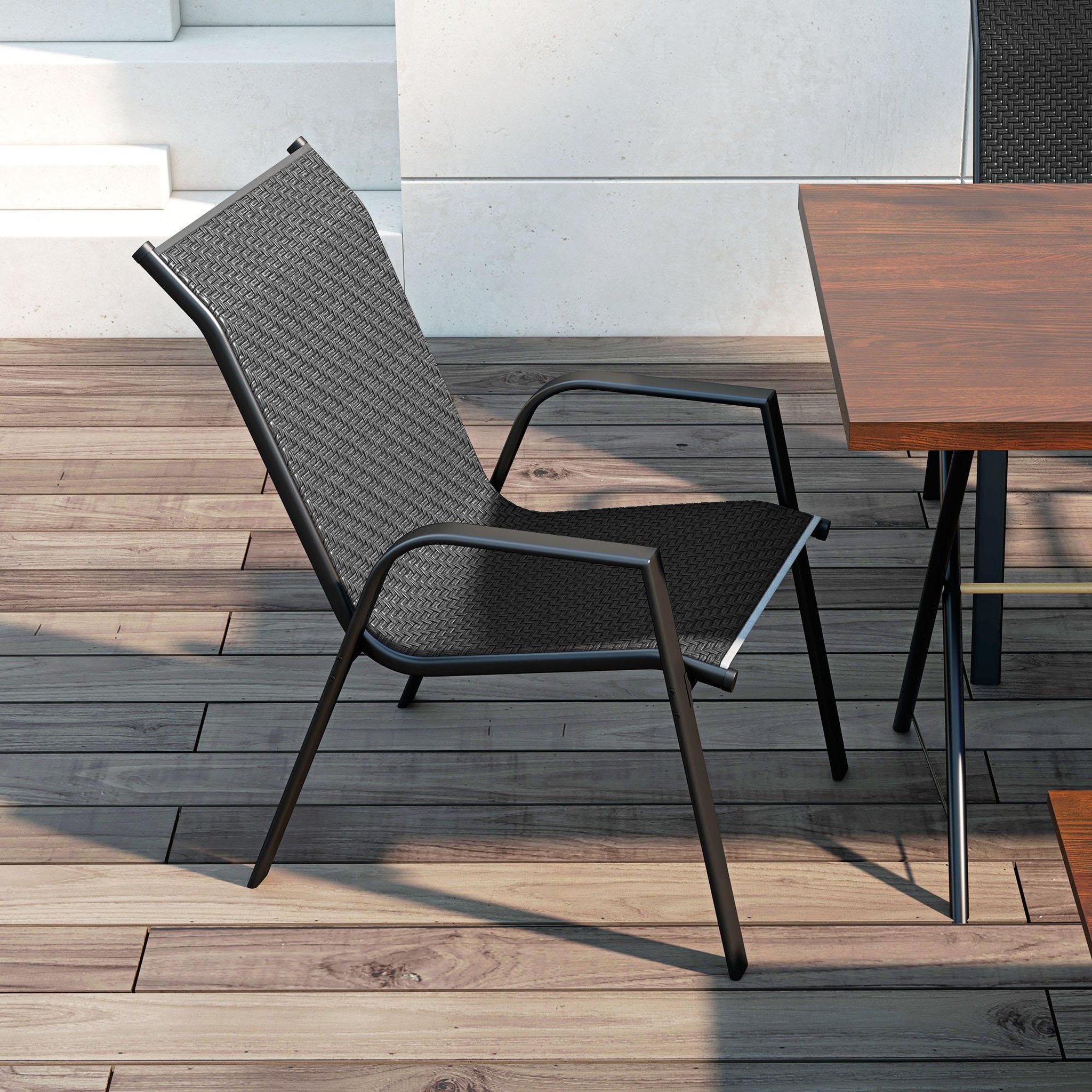 Voir la diapositive 4 : OUTSUNNY Lot de 4 chaises de jardin empilables - accoudoirs - design - acier époxy noir résine tressée grise