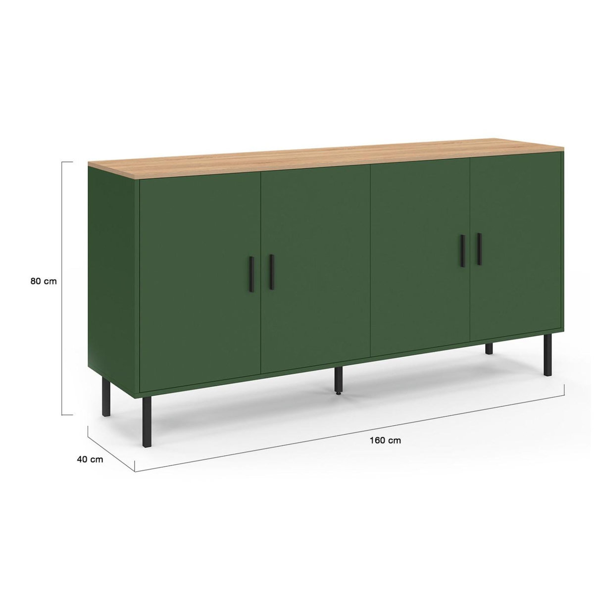 ID MARKET Buffet 160 cm KELIA 4 portes vert kaki et plateau bois