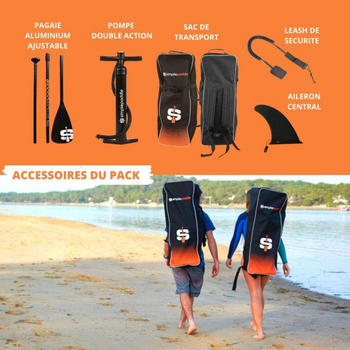SIMPLE PADDLE Paddle Gonflable XS 9'2  30'' 5'' (278 x 76 x 13 cm) avec Pagaie, Leash, Pompe et Sac de Transport