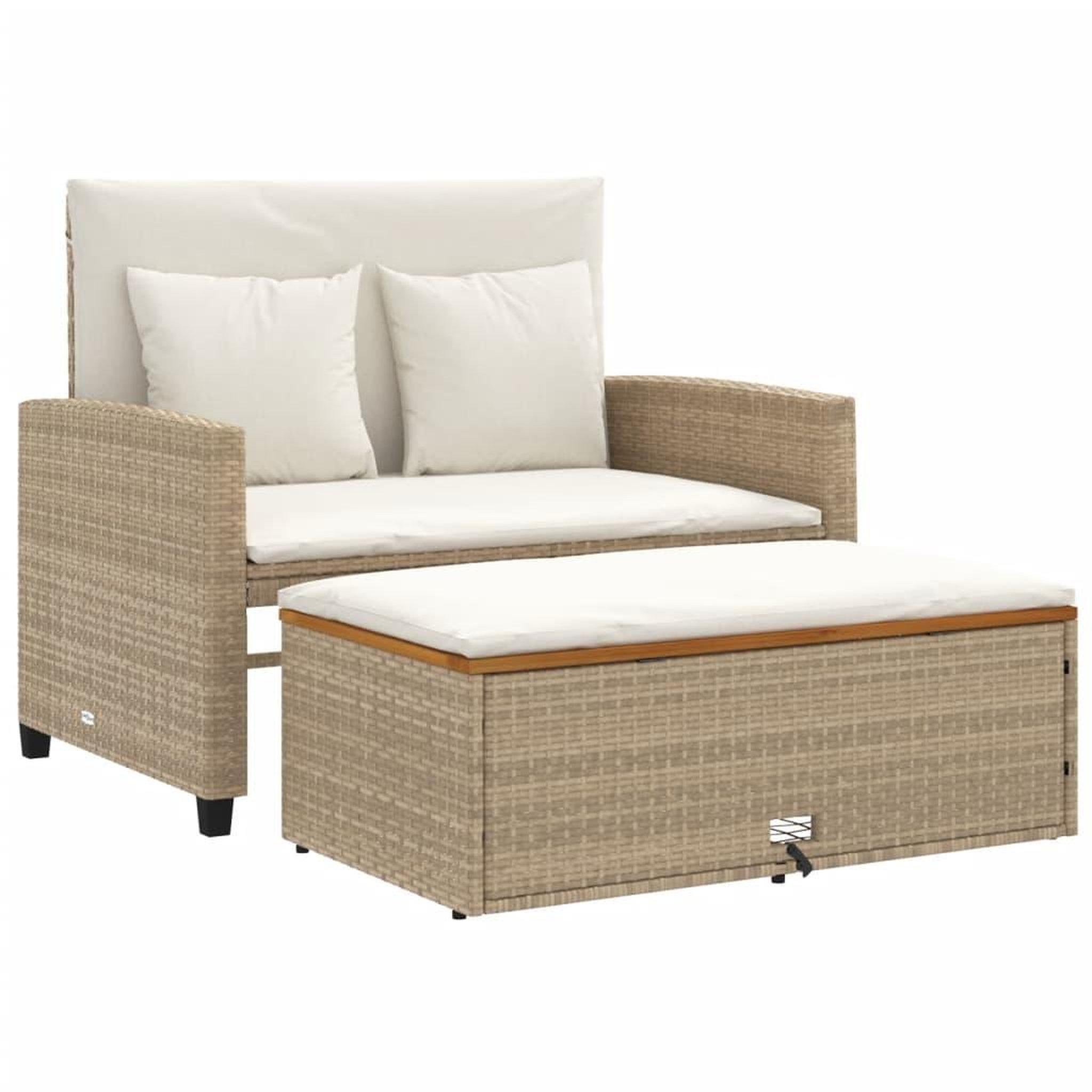 Voir la diapositive 2 : VIDAXL Canape de jardin 2 places coussins beige resine tressee&acacia