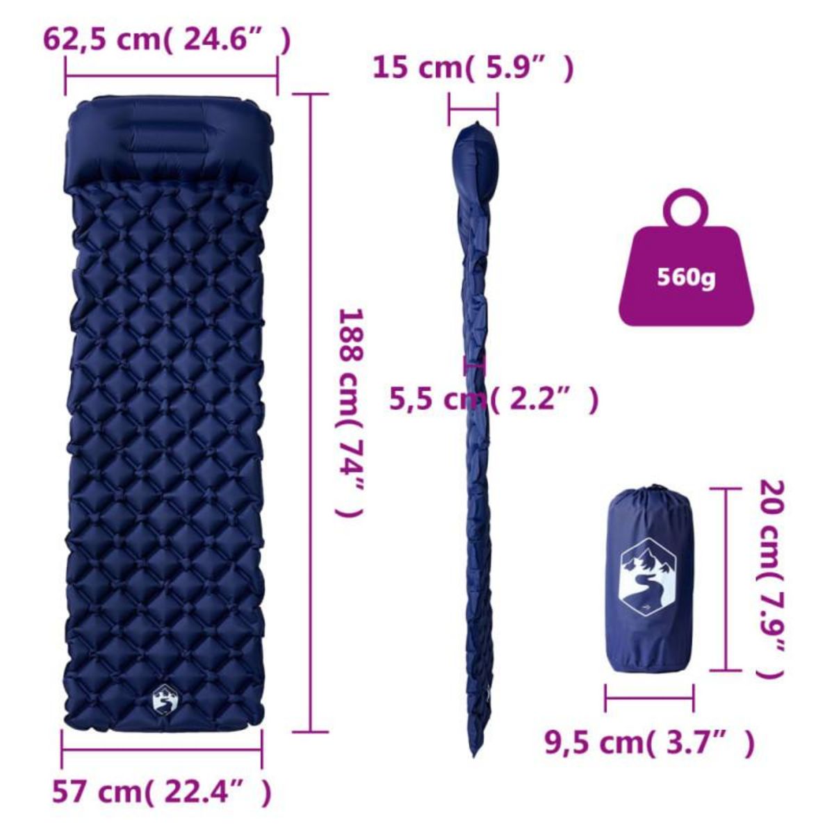 VIDAXL Matelas de camping gonflable et oreiller 1 personne bleu marine