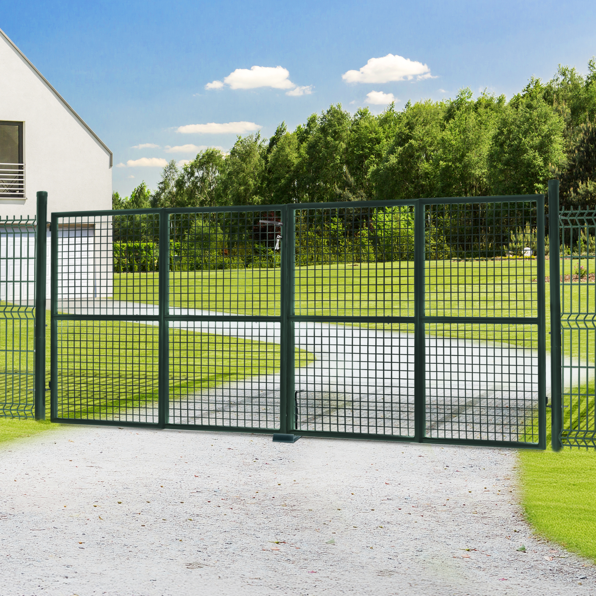 Voir la diapositive 2 : ID MARKET Portillon de jardin double porte 315 x 150 cm en acier vert avec serrure et poignée