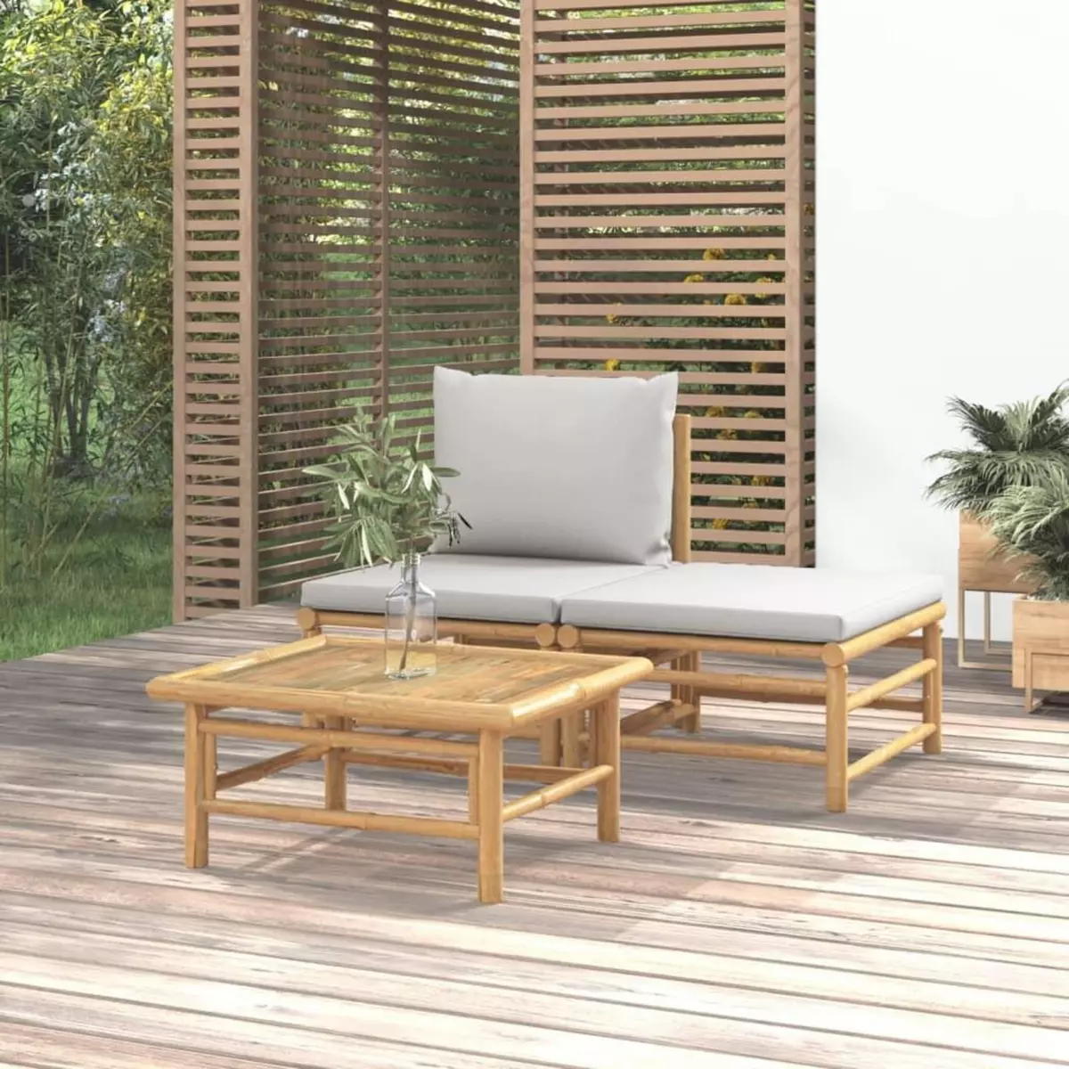 VIDAXL Salon de jardin 3 pcs avec coussins gris clair bambou