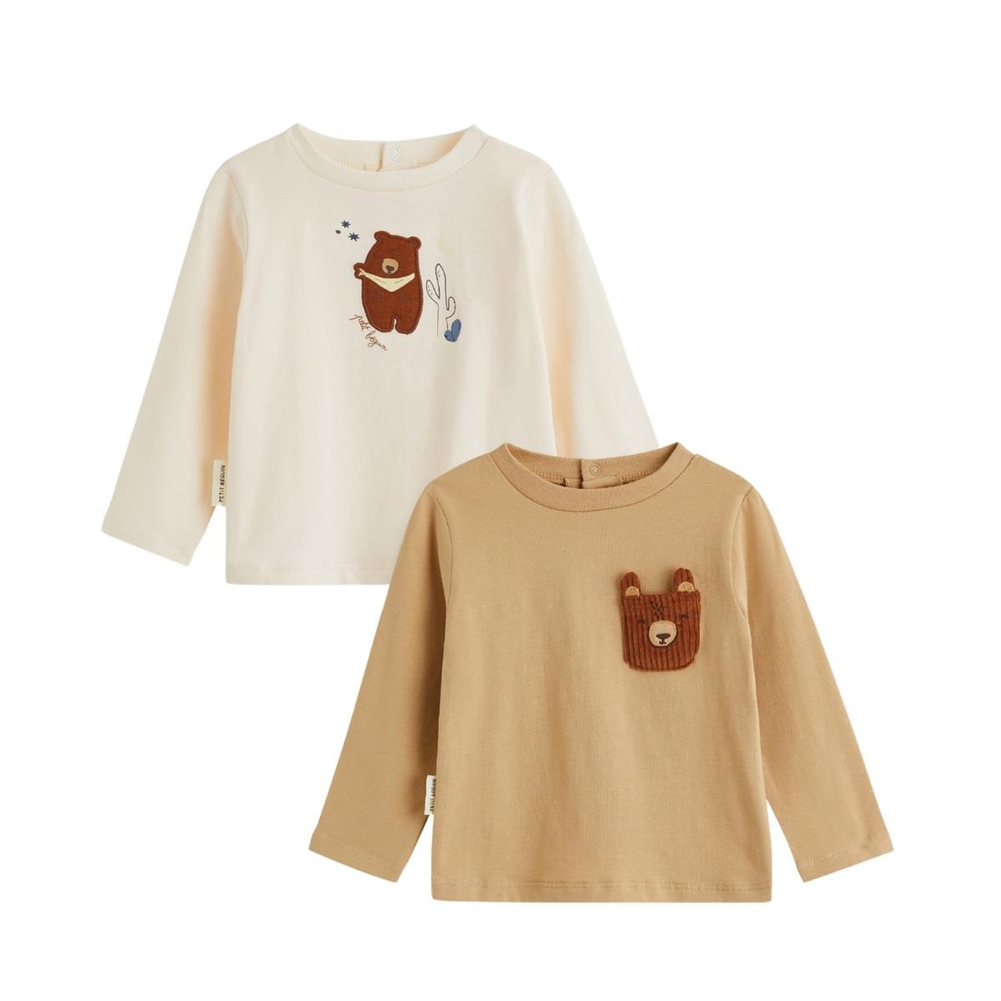 PETIT BEGUIN Lot de 2 t-shirts bébé manches longues moka. Coloris disponibles : Marron