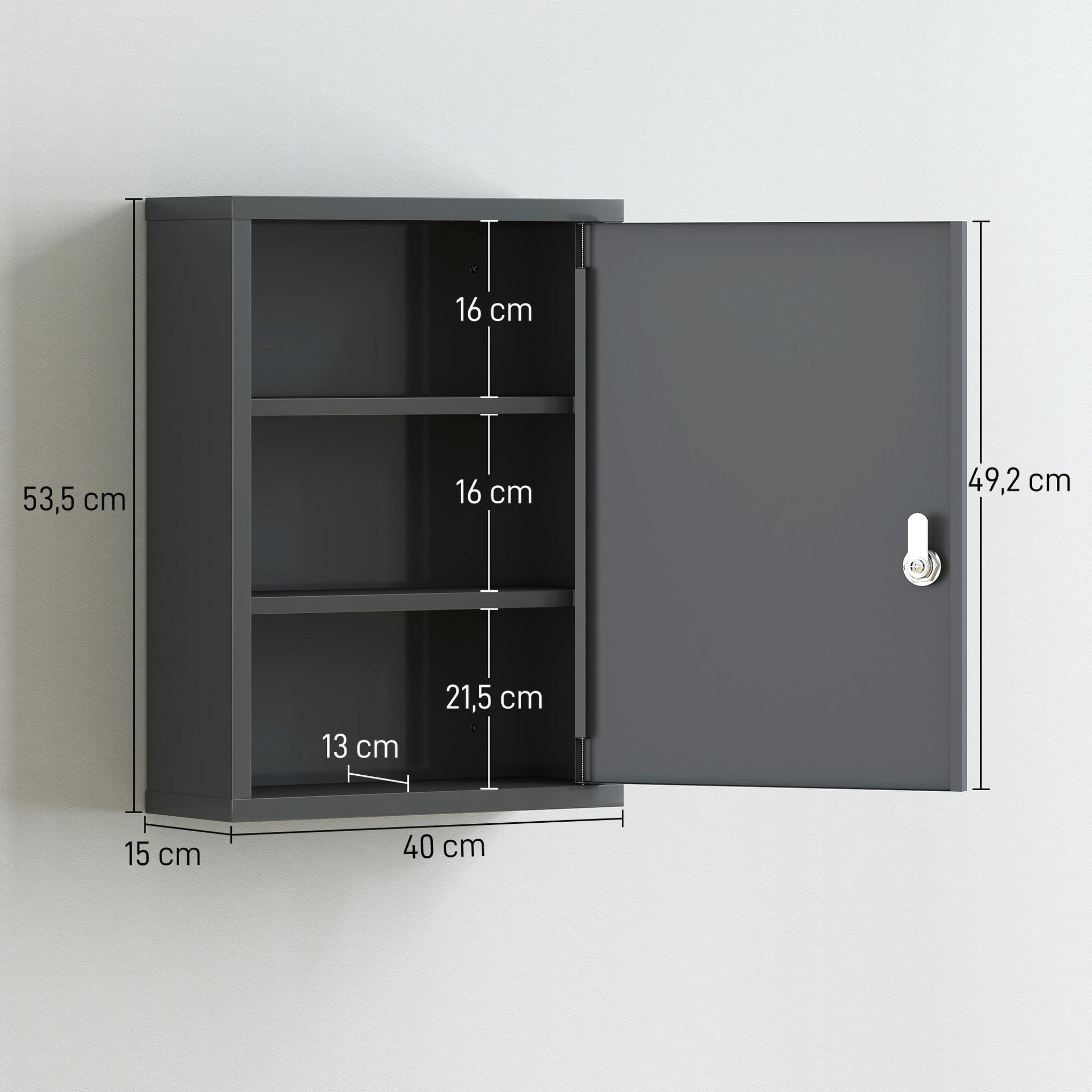 Voir la diapositive 3 : KLEANKIN Armoire à pharmacie murale verrouillable porte 2 étagères 3 niv. 40 x 15 x 53 cm acier gris