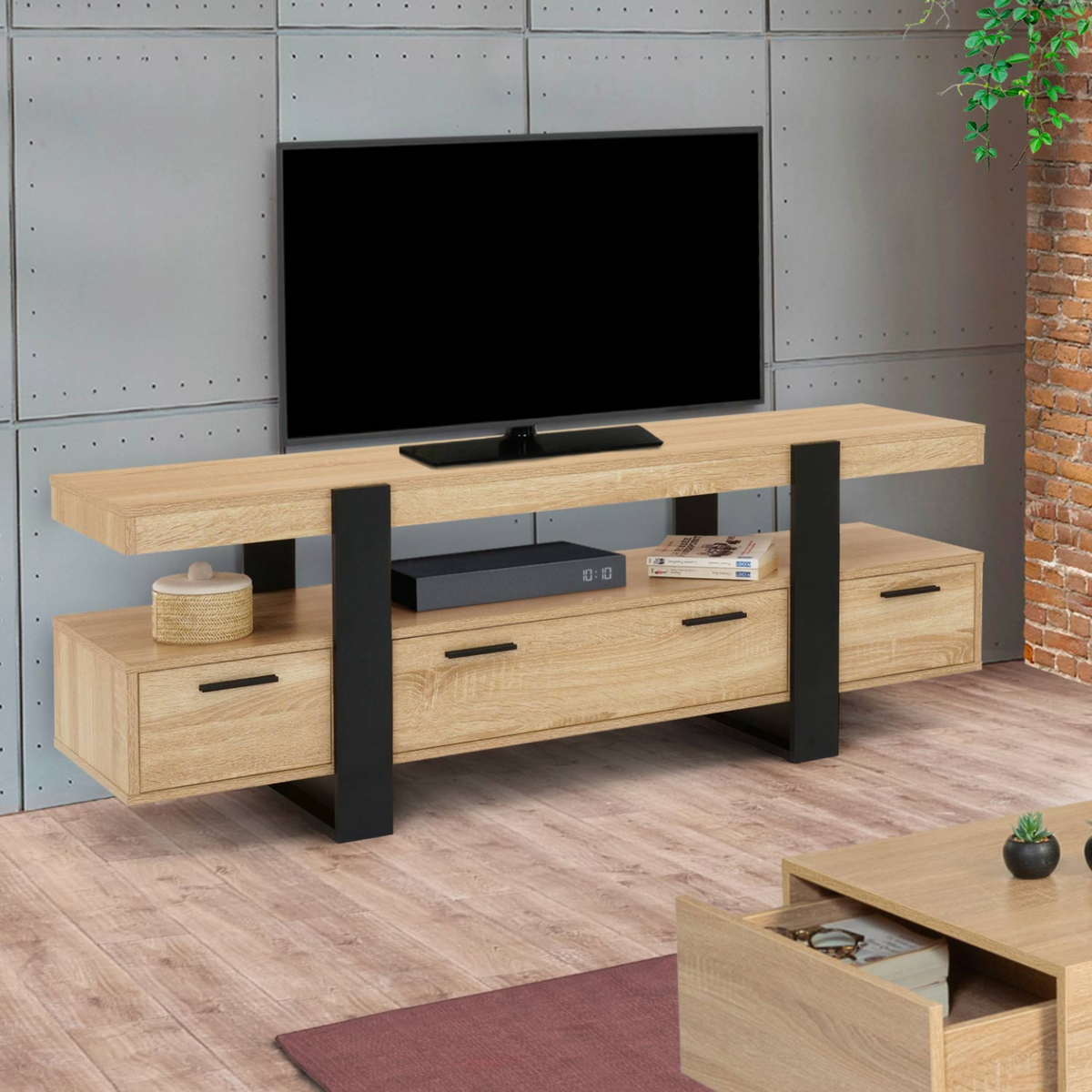 ID MARKET Meuble TV 140 cm PHOENIX avec tiroirs bois et noir