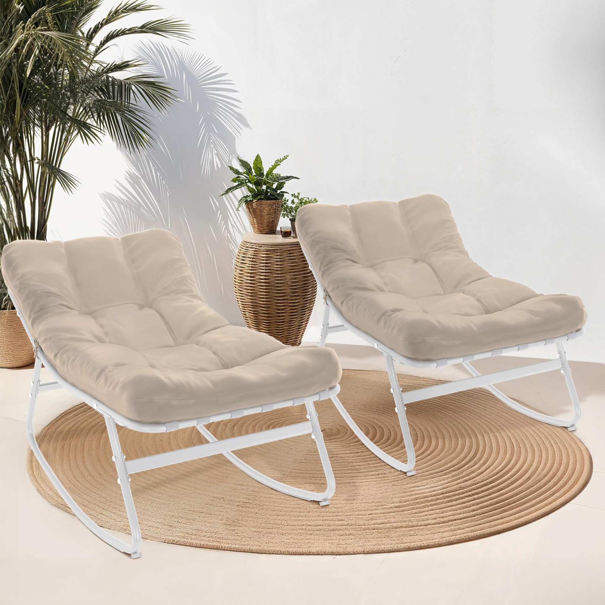Voir la diapositive 2 : ID MARKET Lot de 2 fauteuils de jardin à bascule arona blanc coussin beige