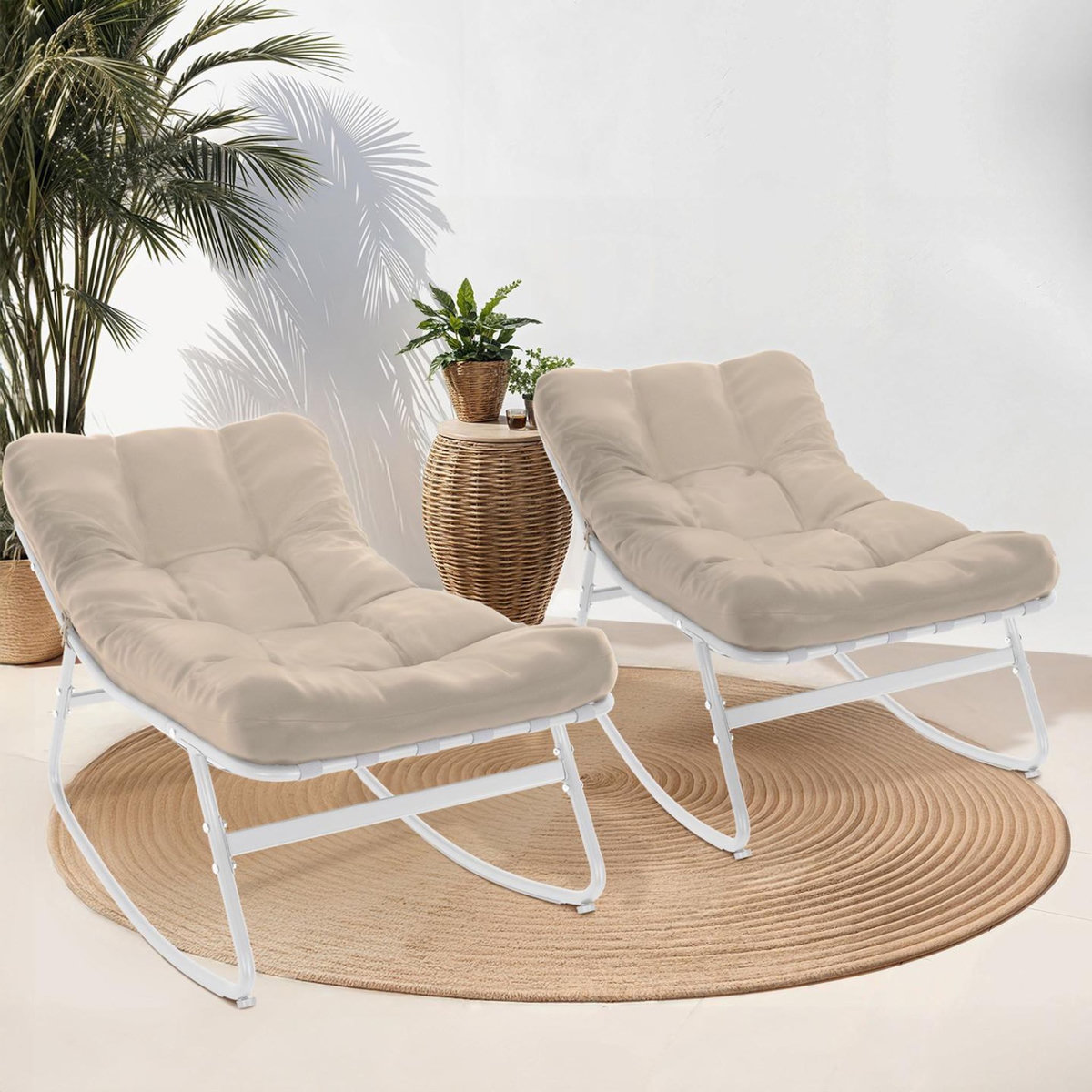 ID MARKET Lot de 2 fauteuils de jardin à bascule ARONA blanc coussin beige