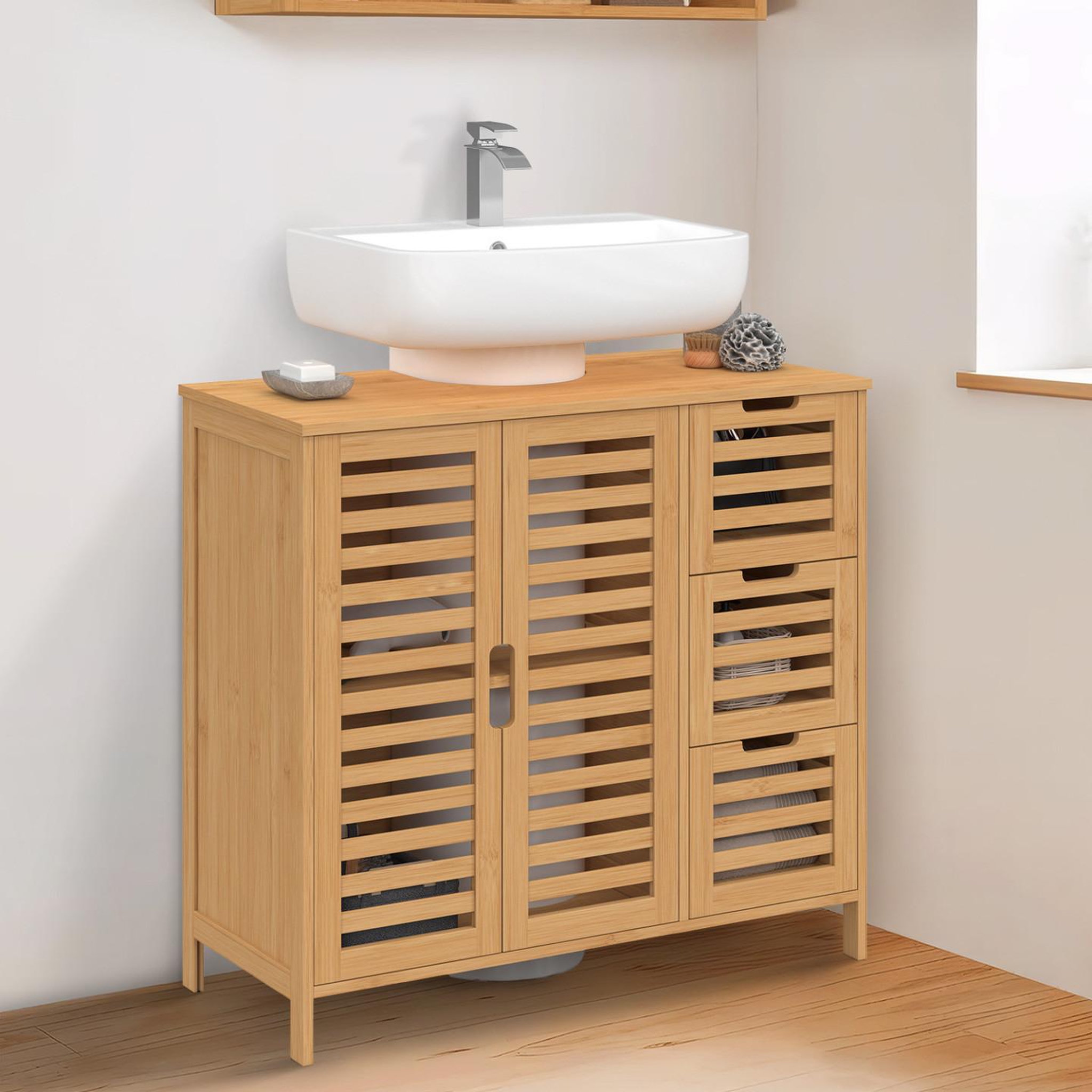 Voir la diapositive 2 : ID MARKET Meuble sous lavabo salle de bain bambou bea avec placard et 3 tiroirs