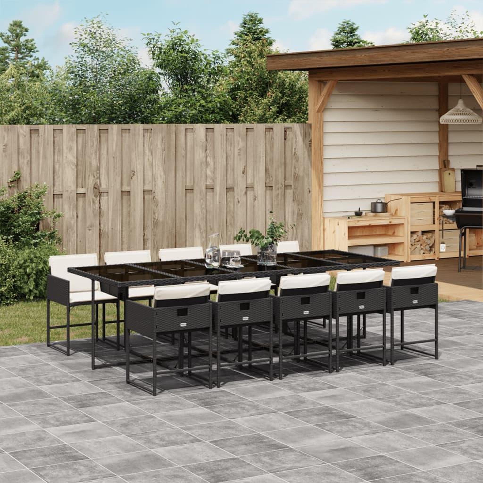 VIDAXL Ensemble a manger de jardin 11 pcs coussins noir resine tressee