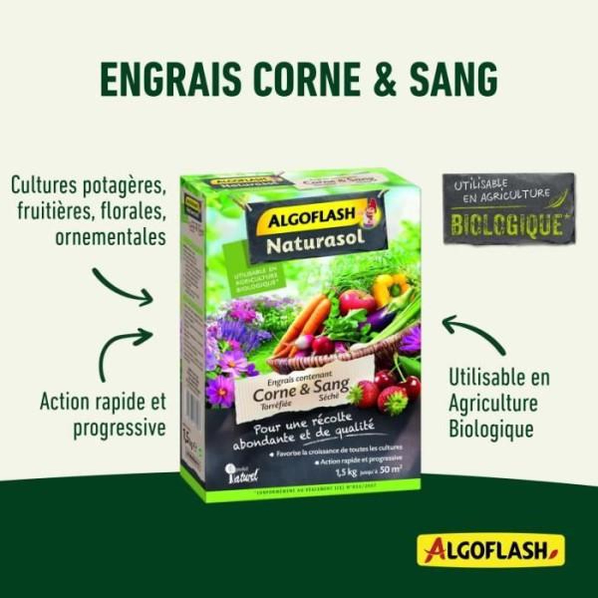 Voir la diapositive 3 : ALGOFLASH NATURASOL Engrais corne torréfiée et sang séché 1.5kg Algoflash