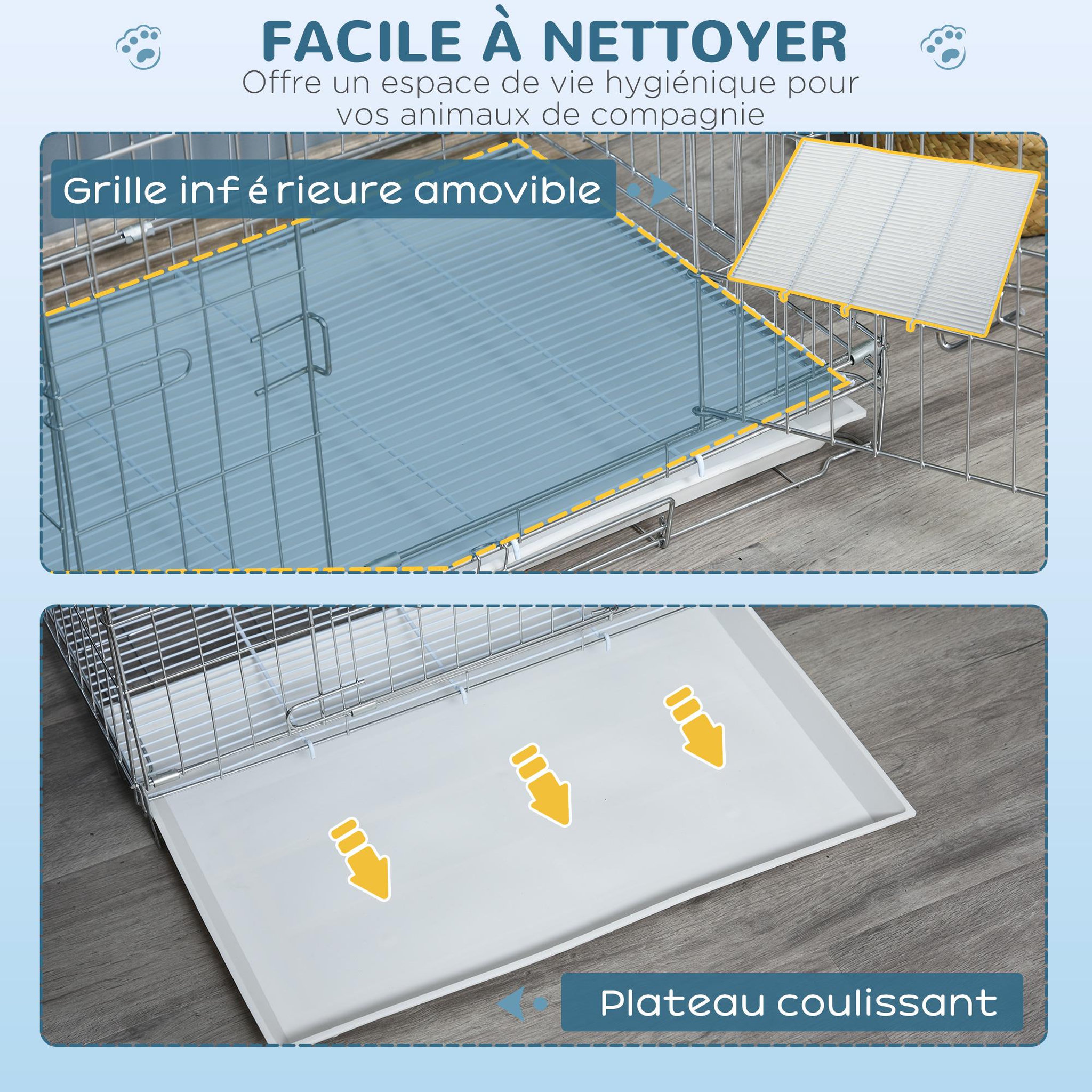 Voir la diapositive 5 : PAWHUT Cage pour chien pliable - plateau excrément coulissant - 2 portes verrouillable, poignée - dim. 61l x 43l x 50h cm - fer galvanisé pp blanc