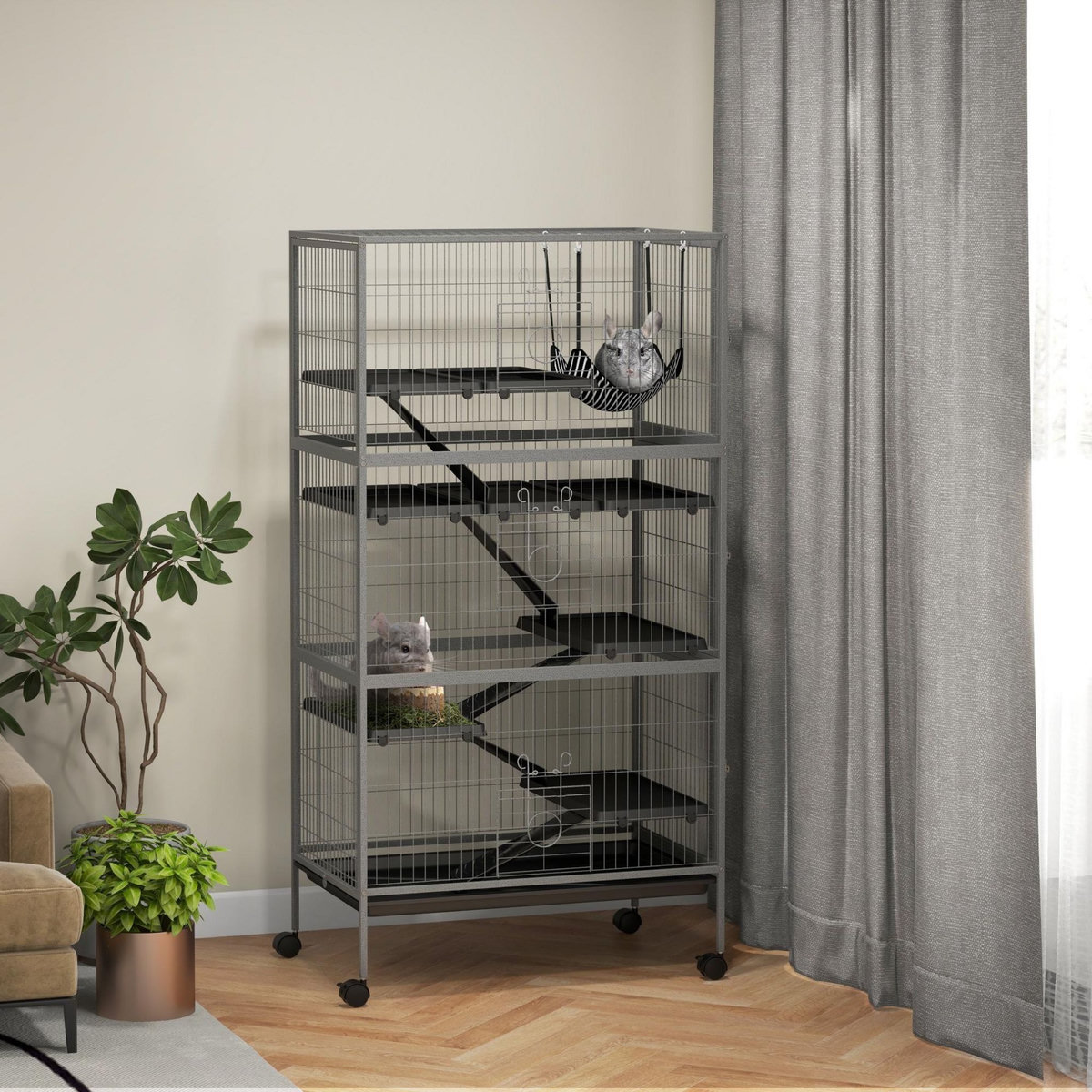 PAWHUT Cage rongeurs 4 plateformes 3 rampes 4 portes dim. 80L x 52l x 159H cm acier gris moucheté noir