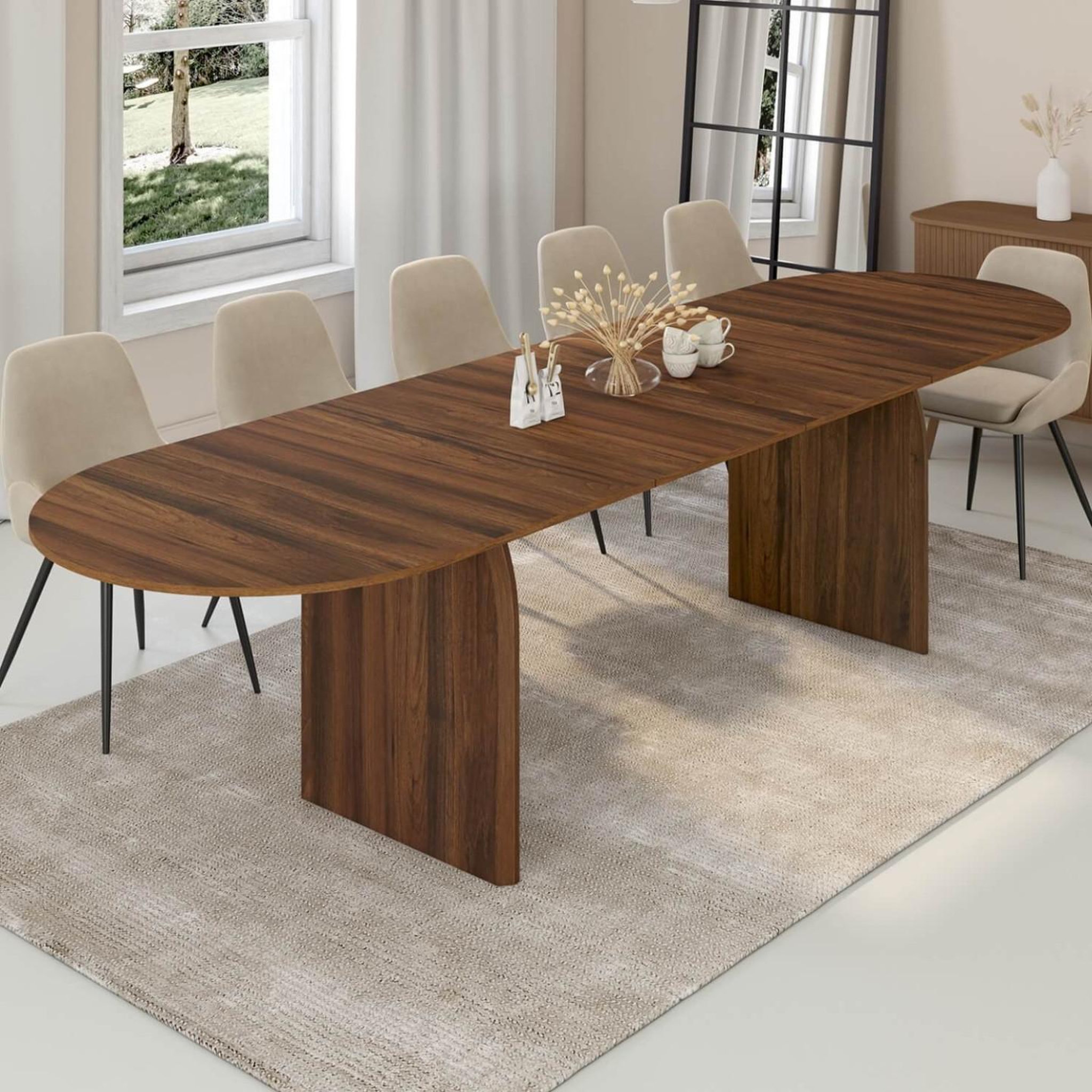 Voir la diapositive 2 : ID MARKET Table à manger extensible japandi ovale edith 6-12 personnes noyer 200-300 cm