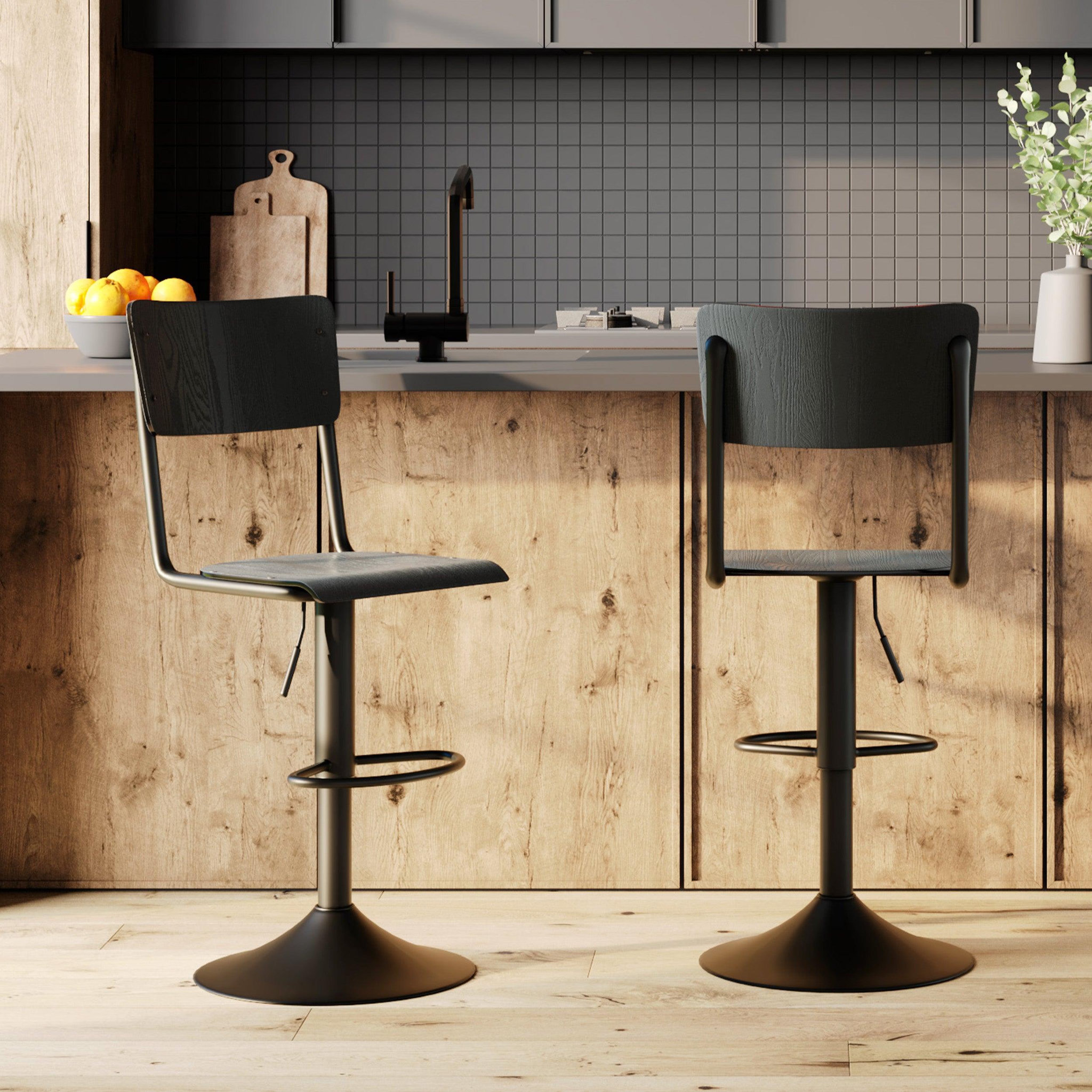 Voir la diapositive 2 : MAISON PAVANE Lot de 2 chaises de bar réglables 60/80 cm en bois noir-clem