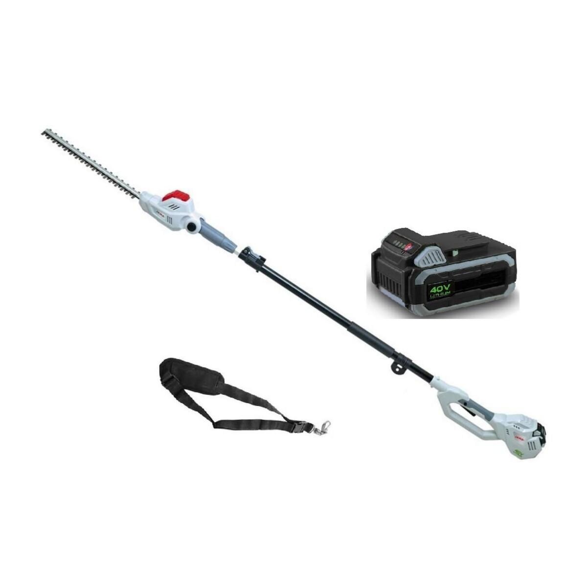 Ikra Taille Haie sur perche télescopique 40V - Lame de 43cm -Batterie Lithium 2,5Ah + Chargeur Led 40V - Sangle d'épaule IKRA