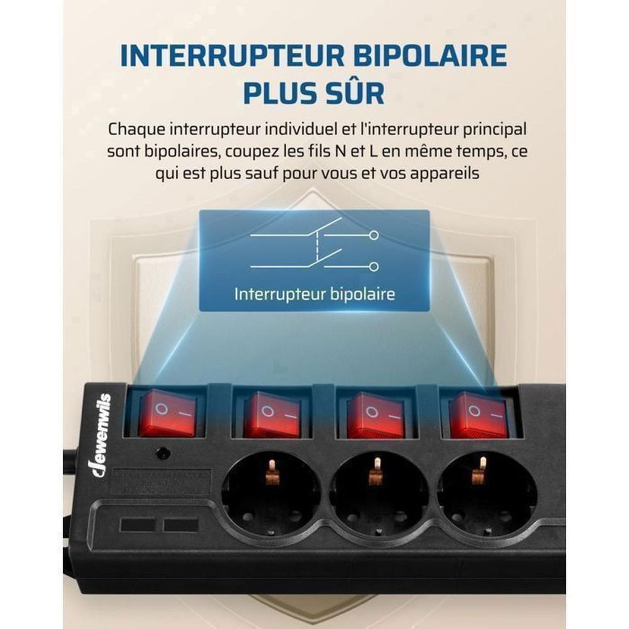 Voir la diapositive 3 : Barrette multiprise 6 prises avec interrupteurs bipolaires individuels et protection surtension 3 m, 3680 W, 230 V