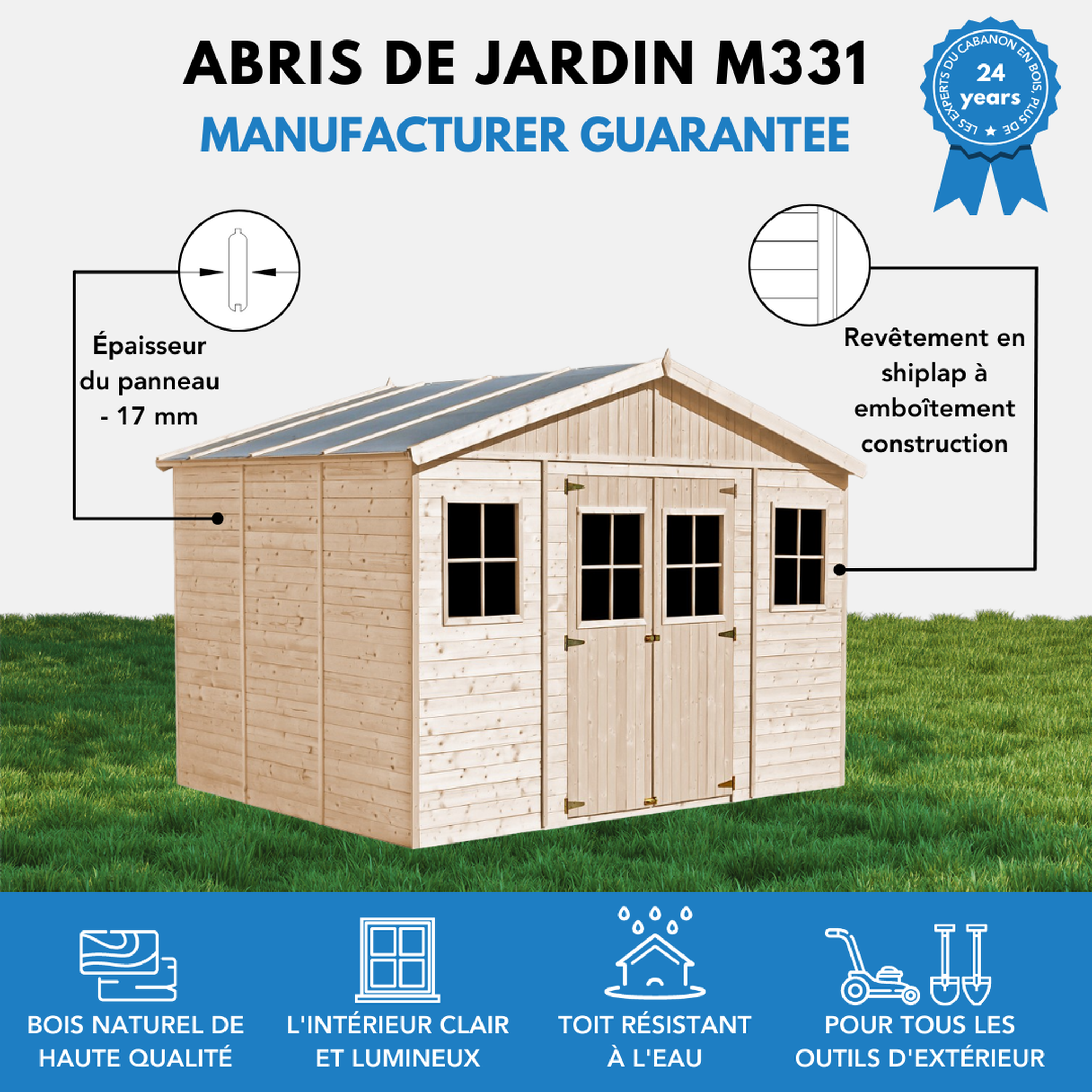 Voir la diapositive 6 : TIMBELA Abri de jardin en bois Exterieur avec plancher imprégné Construction de Panneaux M331+M331G