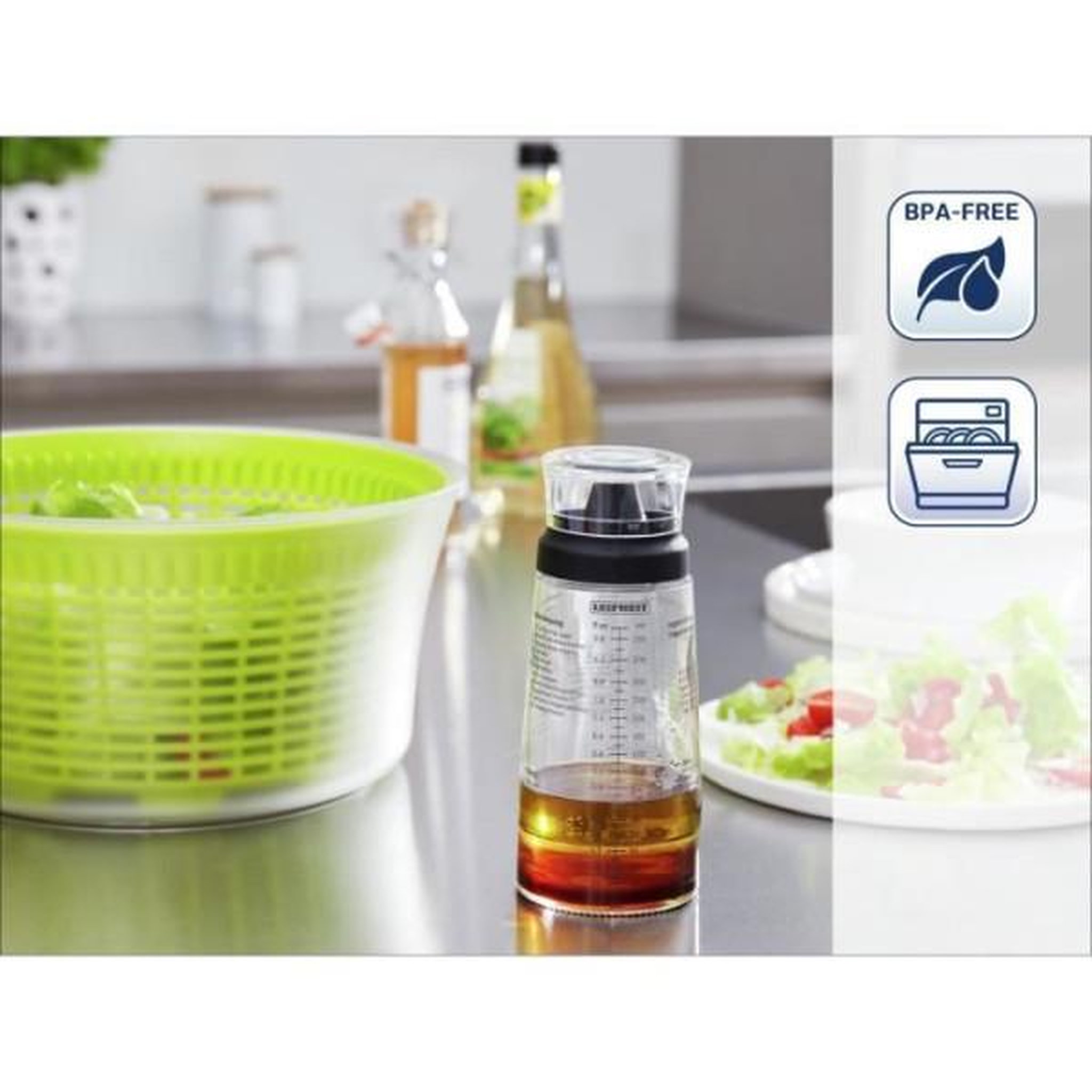 Voir la diapositive 5 : Leifheit Shaker a Vinaigrette Leifheit 3195, mélangeur vinaigrette gradué de 300 ml avec bec verseur anti-goutte, 5 recettes incluses